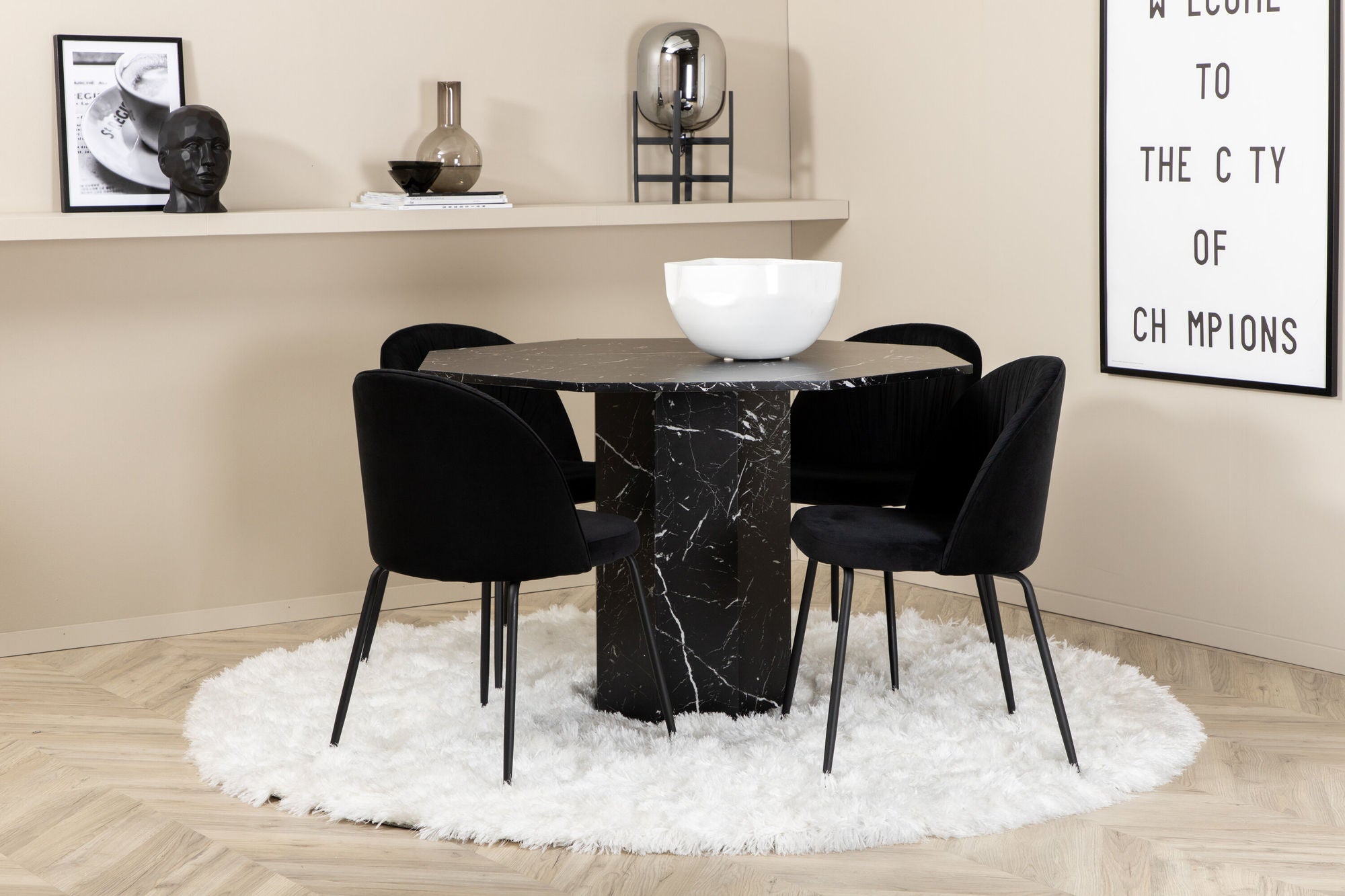 Venture Home Marbs rund spisebord , Black Black Glass Marble+Wrinkles Spisebordsstol , Black Legs , Black Velvet_4
