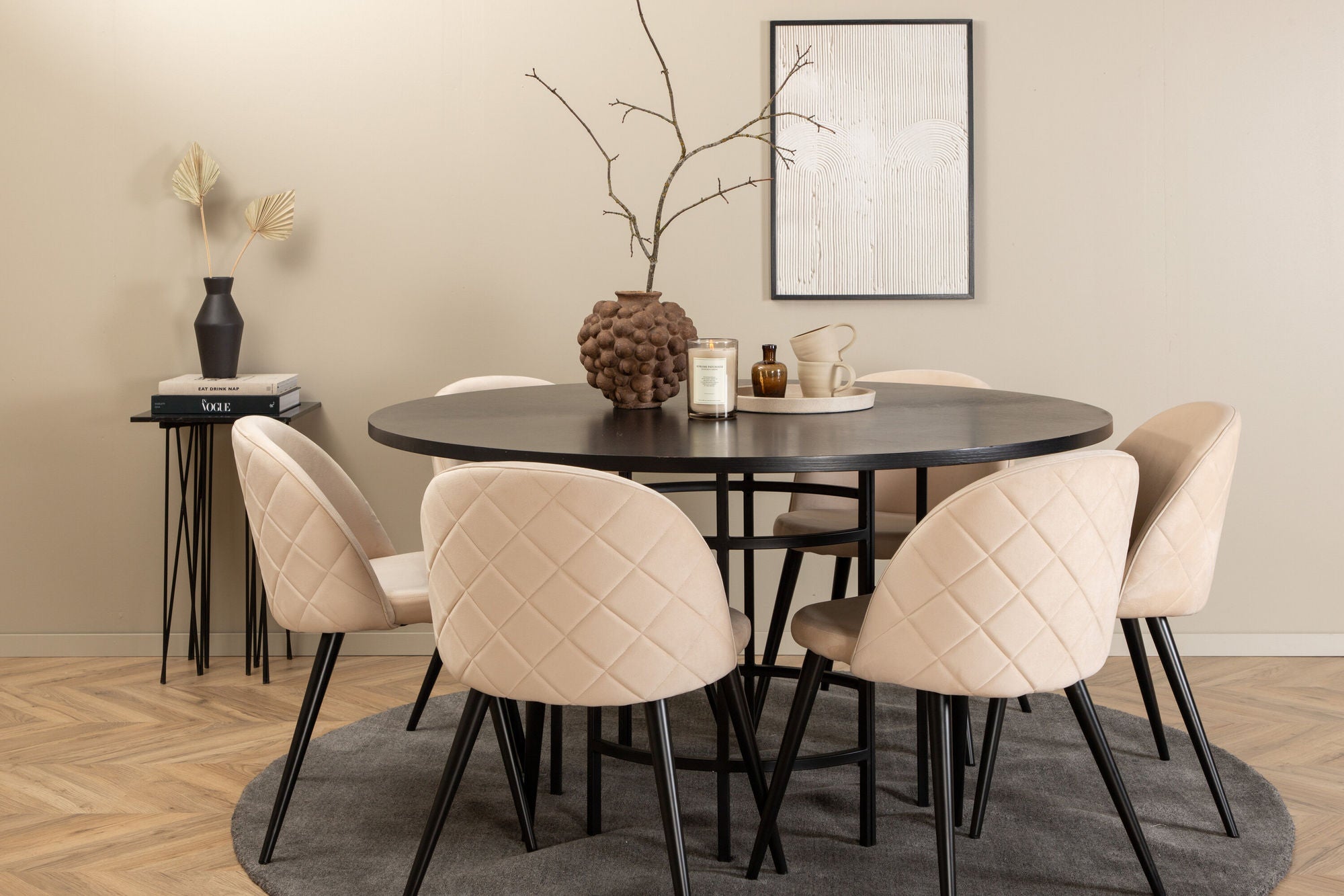 Venture Home Copenhagen - spisebord round - Black / Black+Velvet Stitches stol - Black / Beige Velvet_6