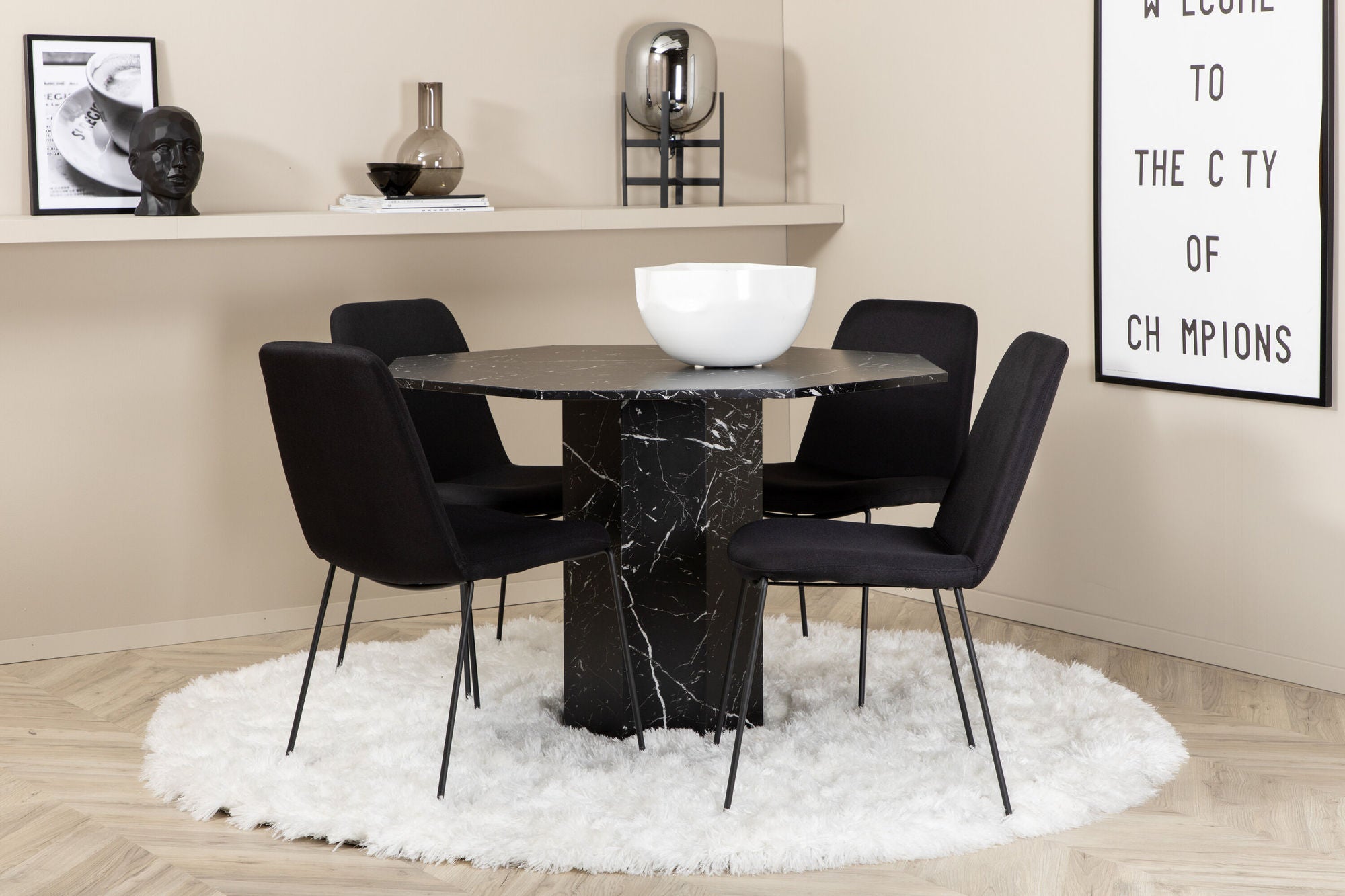 Venture Home Marbs rund spisebord , Black Black Glass Marble+Muce Spisebordsstol , Black Legs , Black Fabric_4