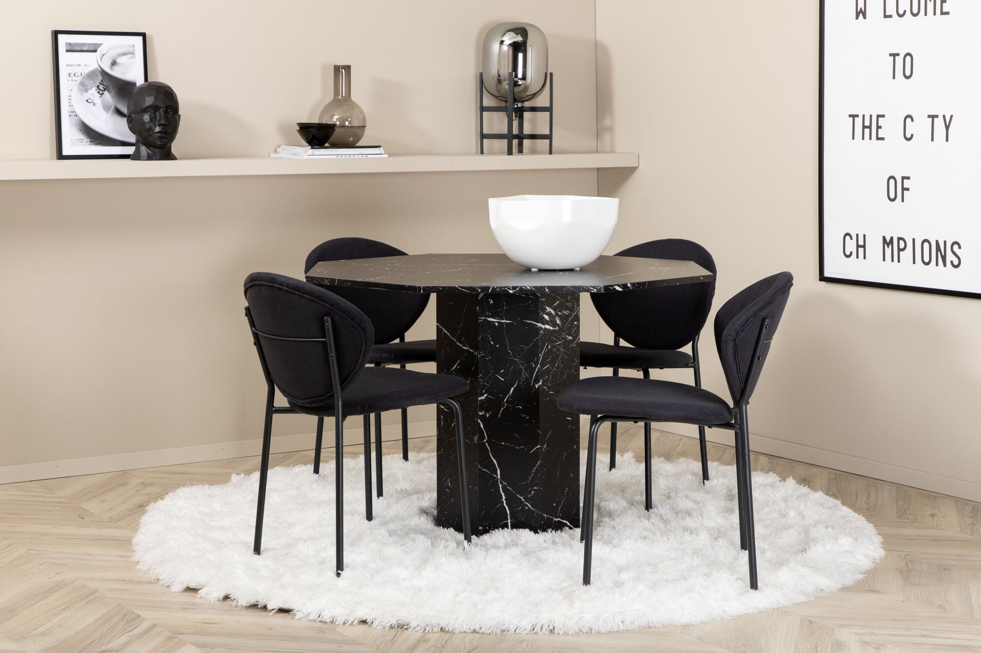Venture Home Marbs rund spisebord , Black Black Glass Marble+Vault Spisebordsstol , Black Legs , Black Fabric_4