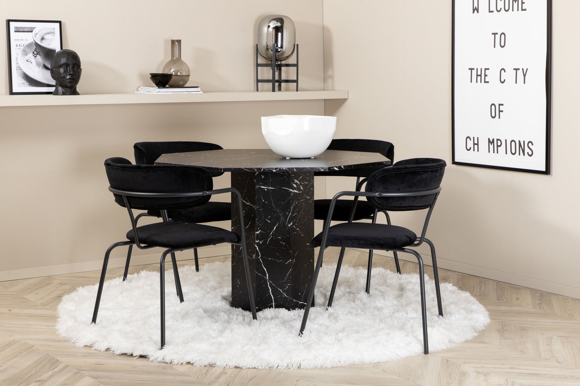 Venture Home Marbs rund spisebord , Black Black Glass Marble+Arrow armchair , Black Legs , Black Velvet_4