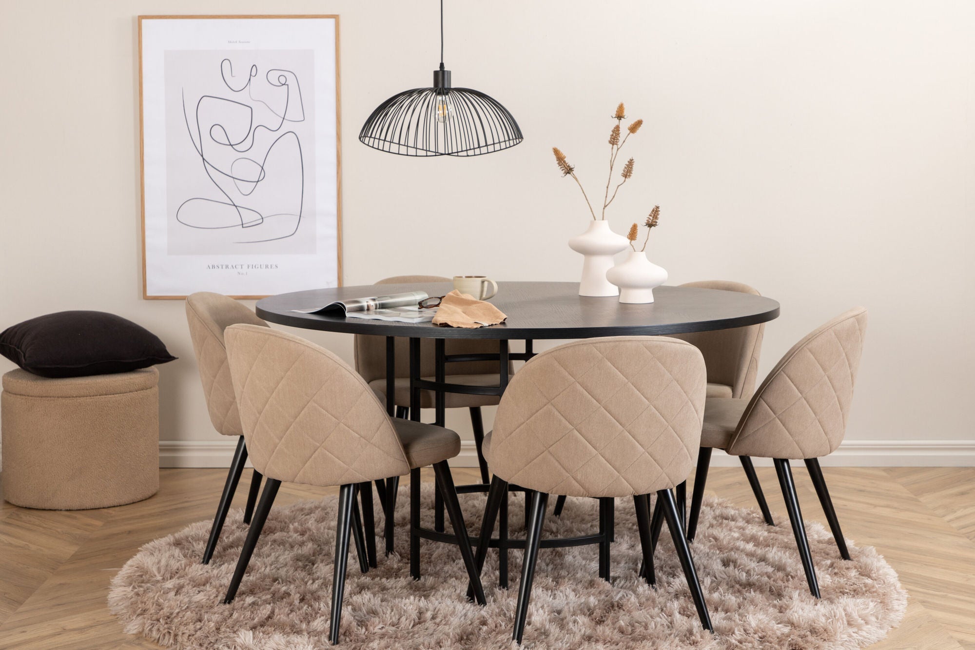 Venture Home Copenhagen - spisebord round - Black / Black+Velvet Stitches stol - Black / Beige Fabric (Polyester linen )_6