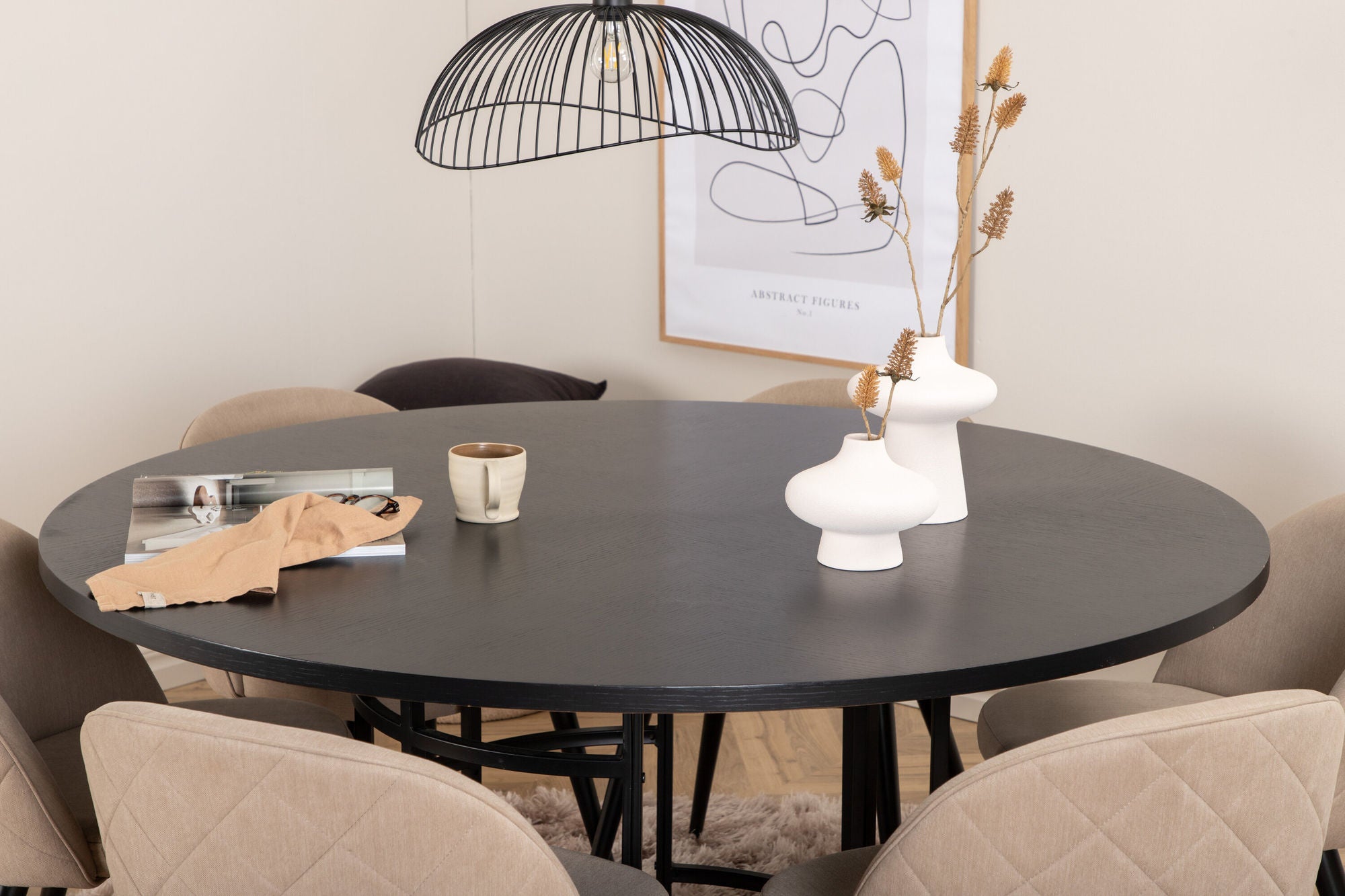 Venture Home Copenhagen - spisebord round - Black / Black+Velvet Stitches stol - Black / Beige Fabric (Polyester linen )_6