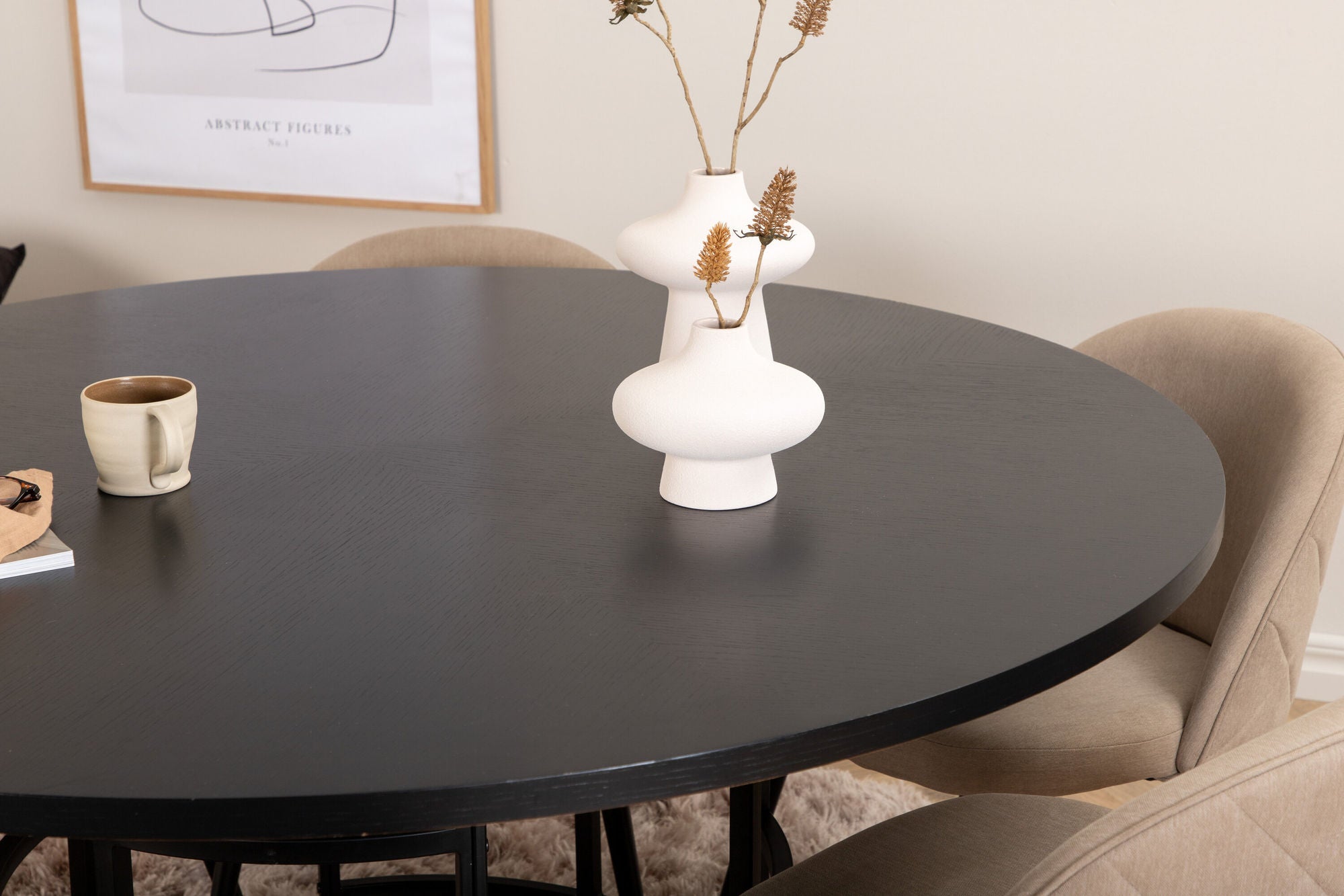 Venture Home Copenhagen - spisebord round - Black / Black+Velvet Stitches stol - Black / Beige Fabric (Polyester linen )_6
