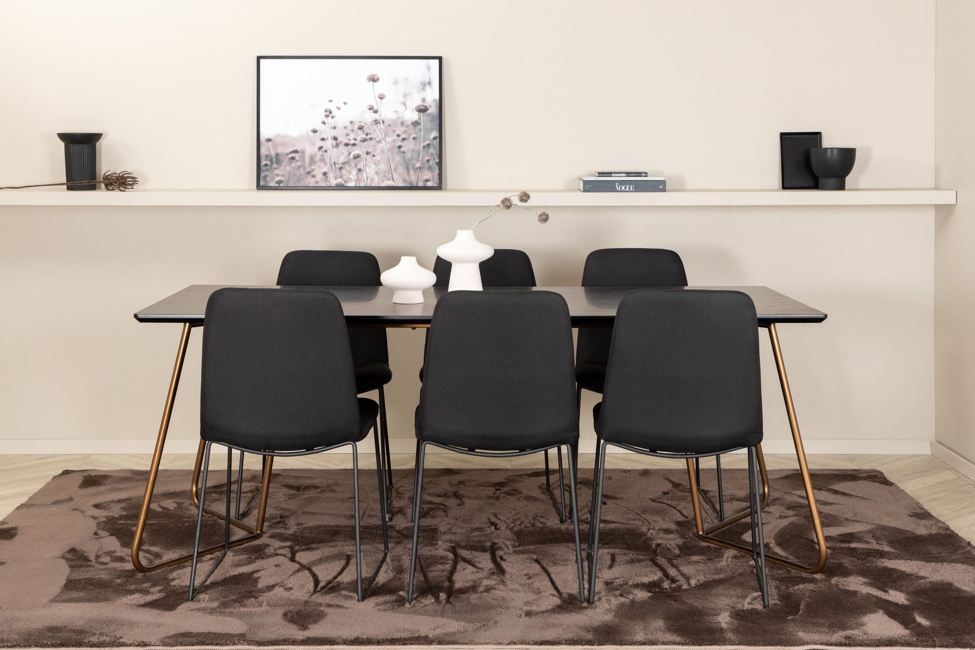 Venture Home Petra spisebord , Distressed Copper Black Veneer+Muce Spisebordsstol , Black Legs , Black Fabric_6