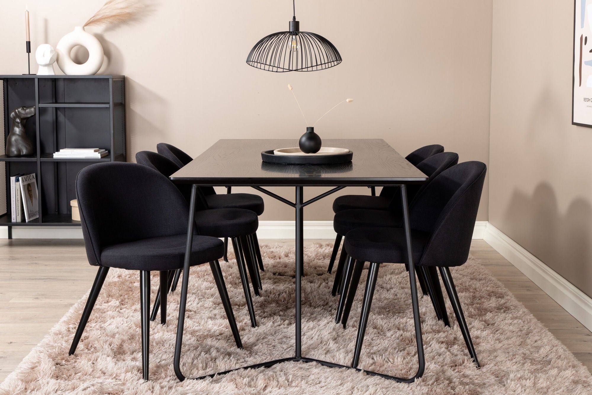 Venture Home Petra spisebord , Black Black Veneer+Velvet Dining Chiar , Black legs, Black Fabric_6