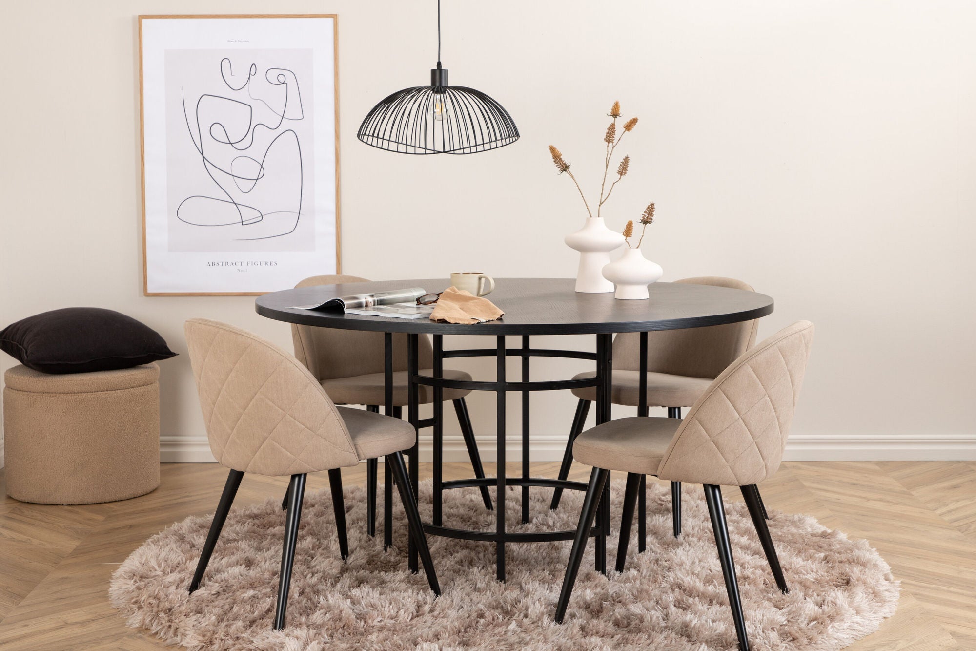 Venture Home Copenhagen - spisebord round - Black / Black+Velvet Stitches stol - Black / Beige Fabric (Polyester linen )_4