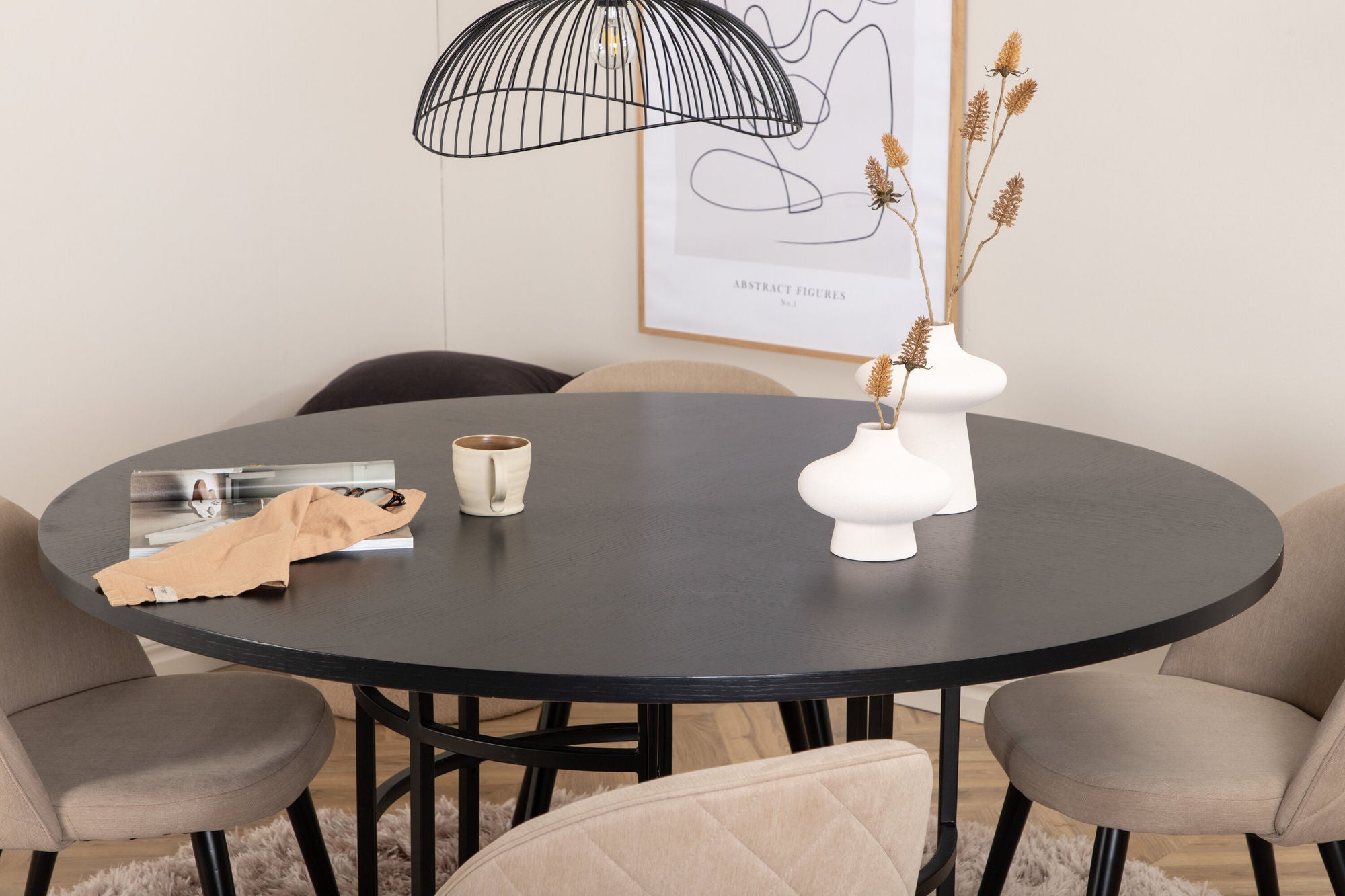 Venture Home Copenhagen - spisebord round - Black / Black+Velvet Stitches stol - Black / Beige Fabric (Polyester linen )_4
