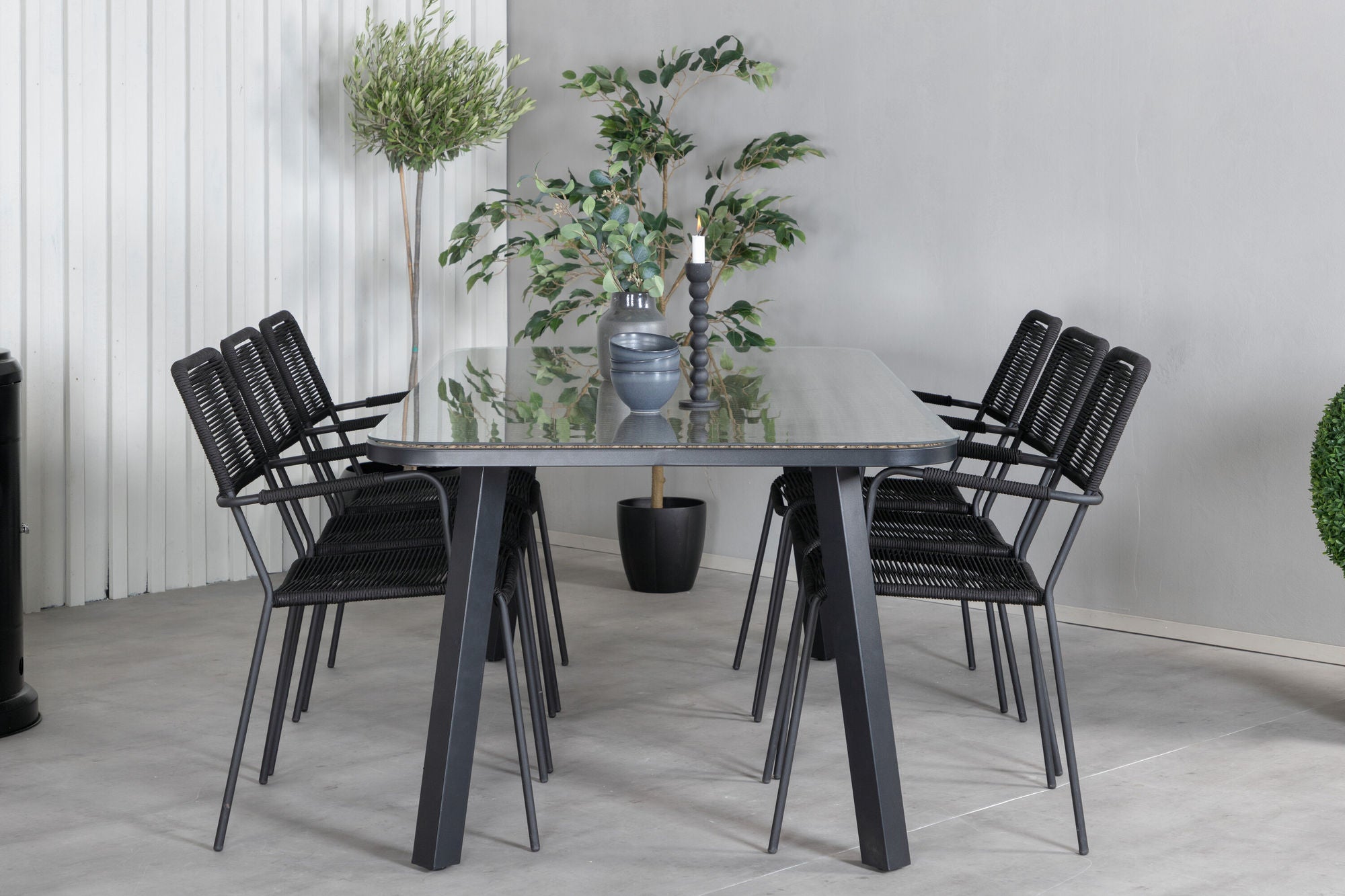 Venture Home Paola spisebord - Black Steel / Nature Wicker - 200*100+Lindos Armchair - Black Alu / Black Rope_6