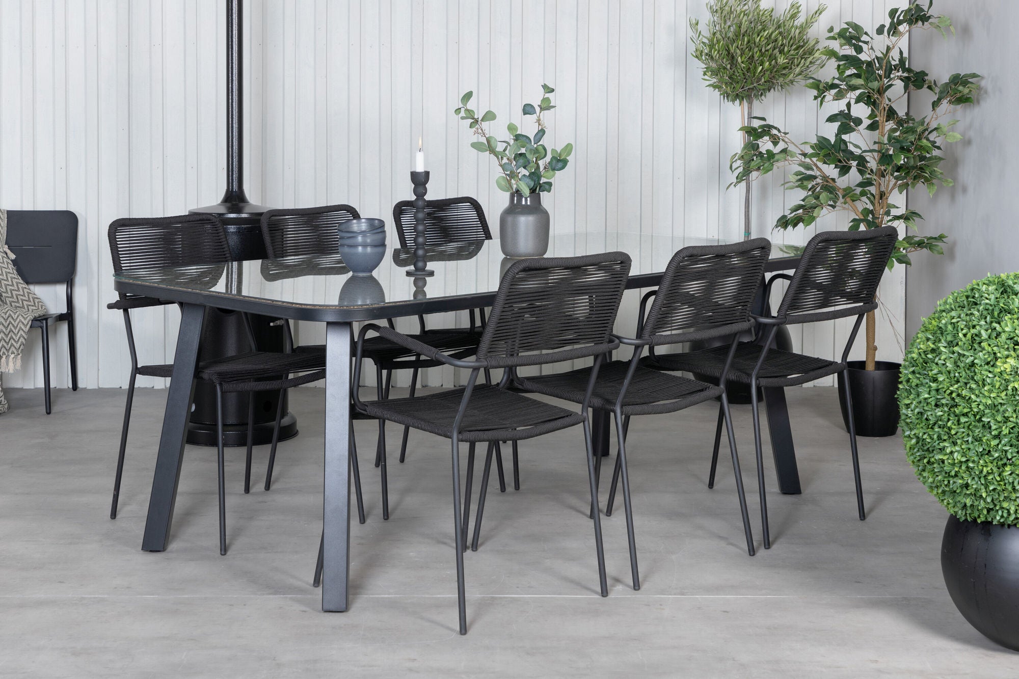 Venture Home Paola spisebord - Black Steel / Nature Wicker - 200*100+Lindos Armchair - Black Alu / Black Rope_6