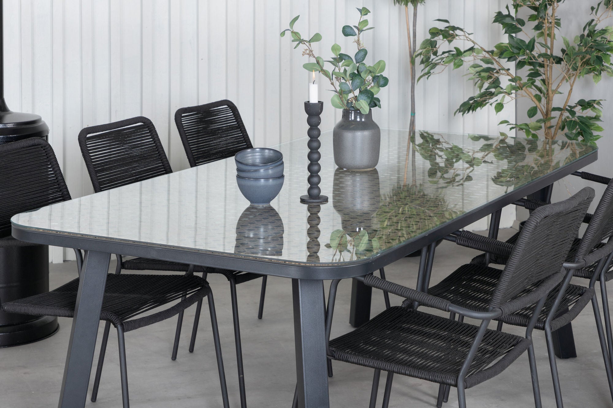 Venture Home Paola spisebord - Black Steel / Nature Wicker - 200*100+Lindos Armchair - Black Alu / Black Rope_6