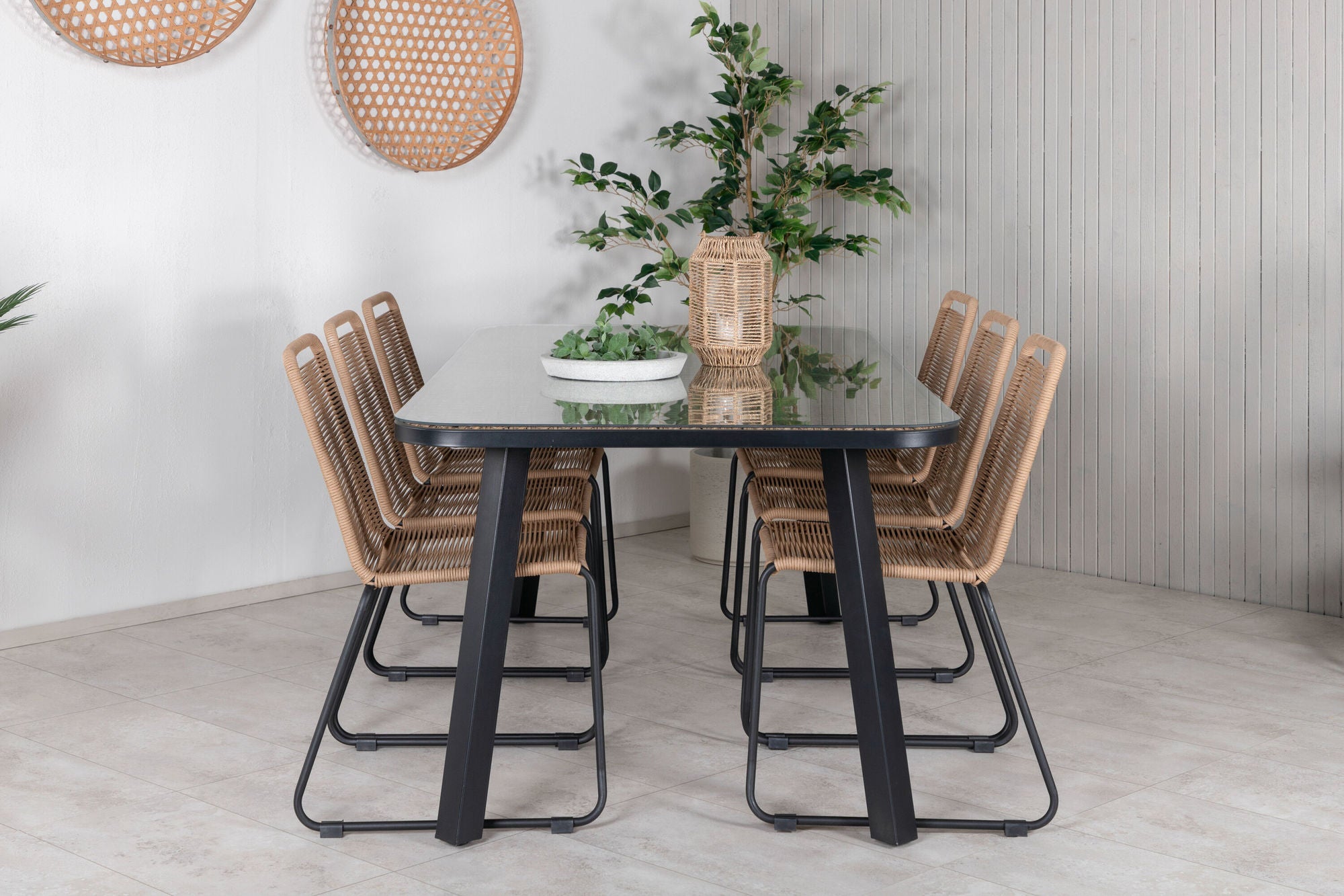 Venture Home Paola spisebord - Black Steel / Nature Wicker - 200*100+Lindos Stacking stol - Black Alu / Latte Rope_6