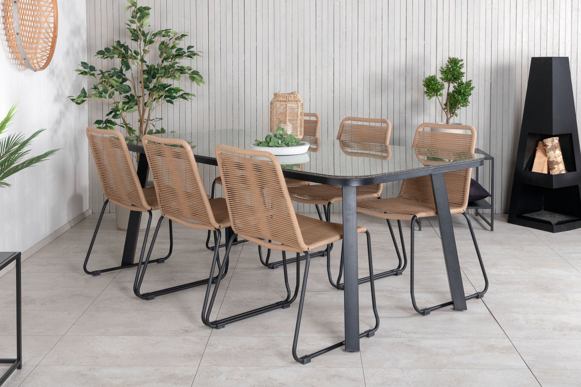 Venture Home Paola spisebord - Black Steel / Nature Wicker - 200*100+Lindos Stacking stol - Black Alu / Latte Rope_6