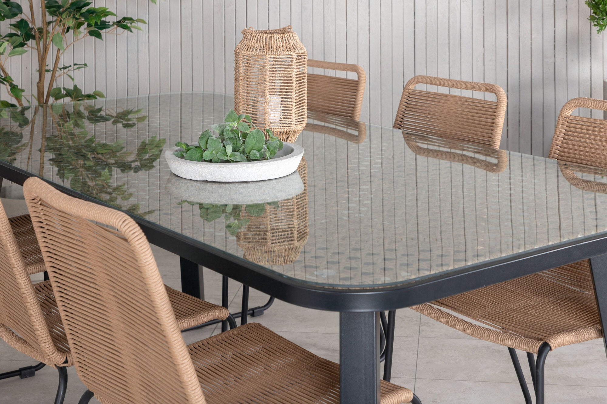 Venture Home Paola spisebord - Black Steel / Nature Wicker - 200*100+Lindos Stacking stol - Black Alu / Latte Rope_6