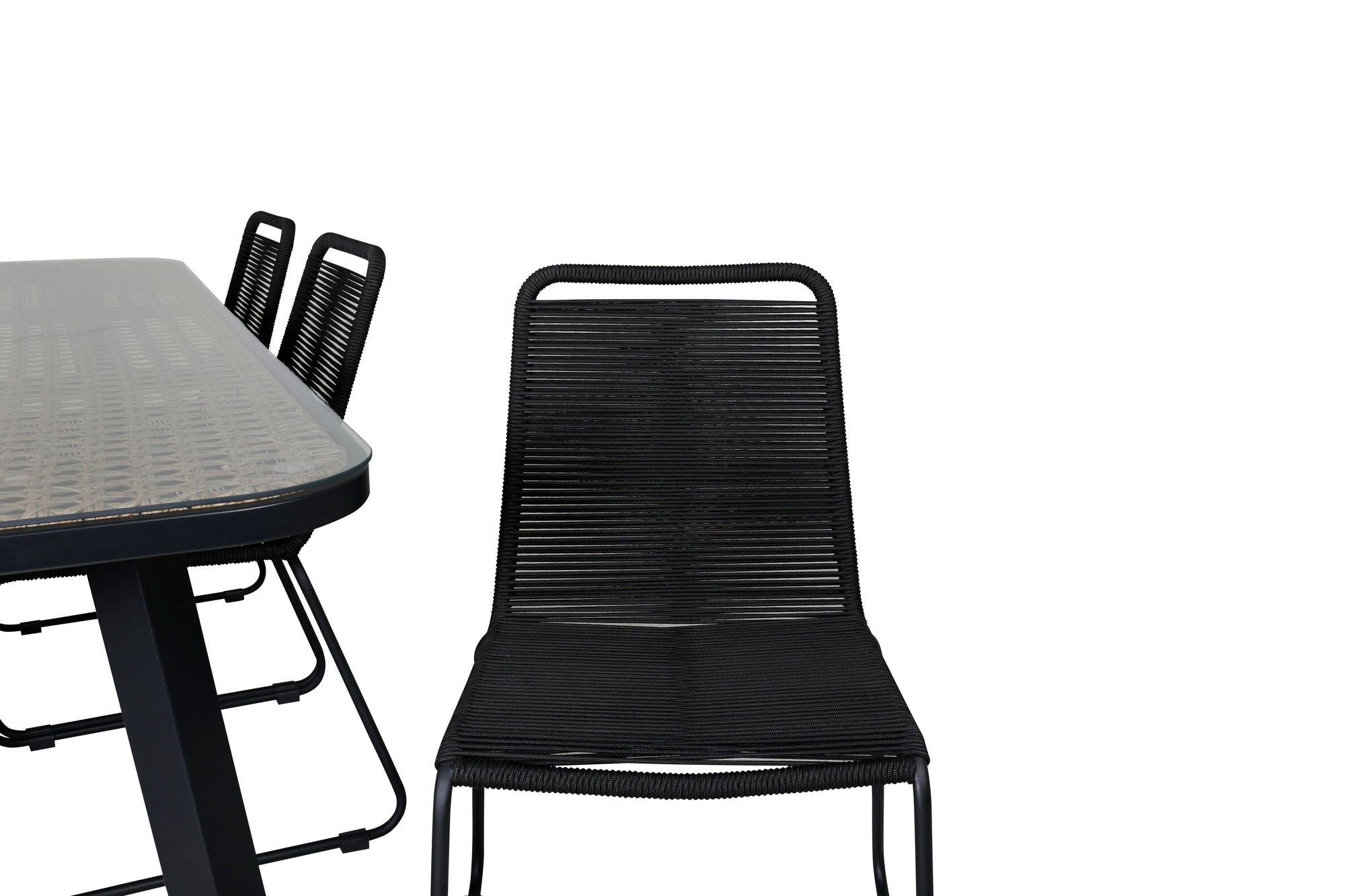 Venture Home Paola spisebord - Black Steel / Nature Wicker - 200*100+Lindos Stacking stol - Black Alu / Black Rope_6