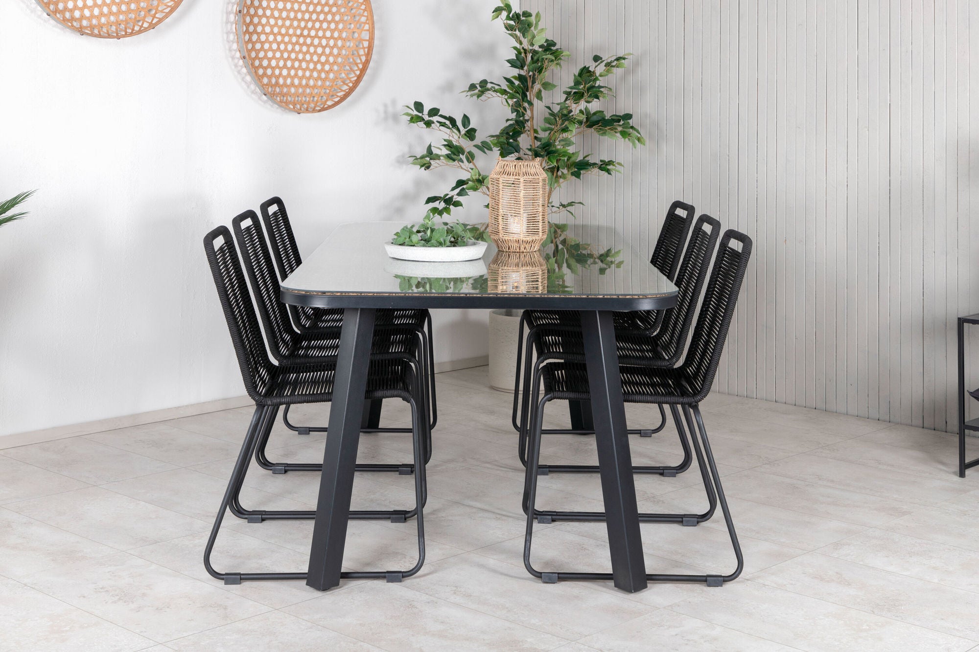 Venture Home Paola spisebord - Black Steel / Nature Wicker - 200*100+Lindos Stacking stol - Black Alu / Black Rope_6