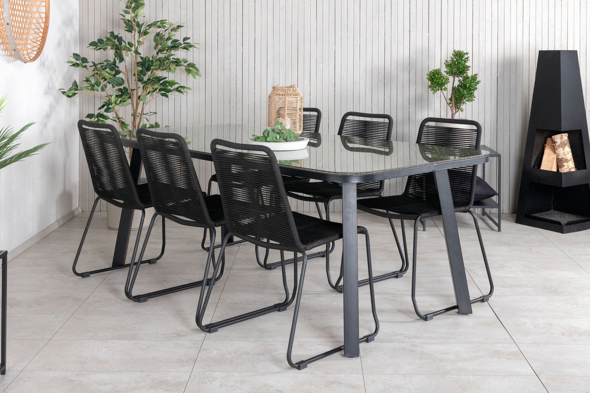 Venture Home Paola spisebord - Black Steel / Nature Wicker - 200*100+Lindos Stacking stol - Black Alu / Black Rope_6