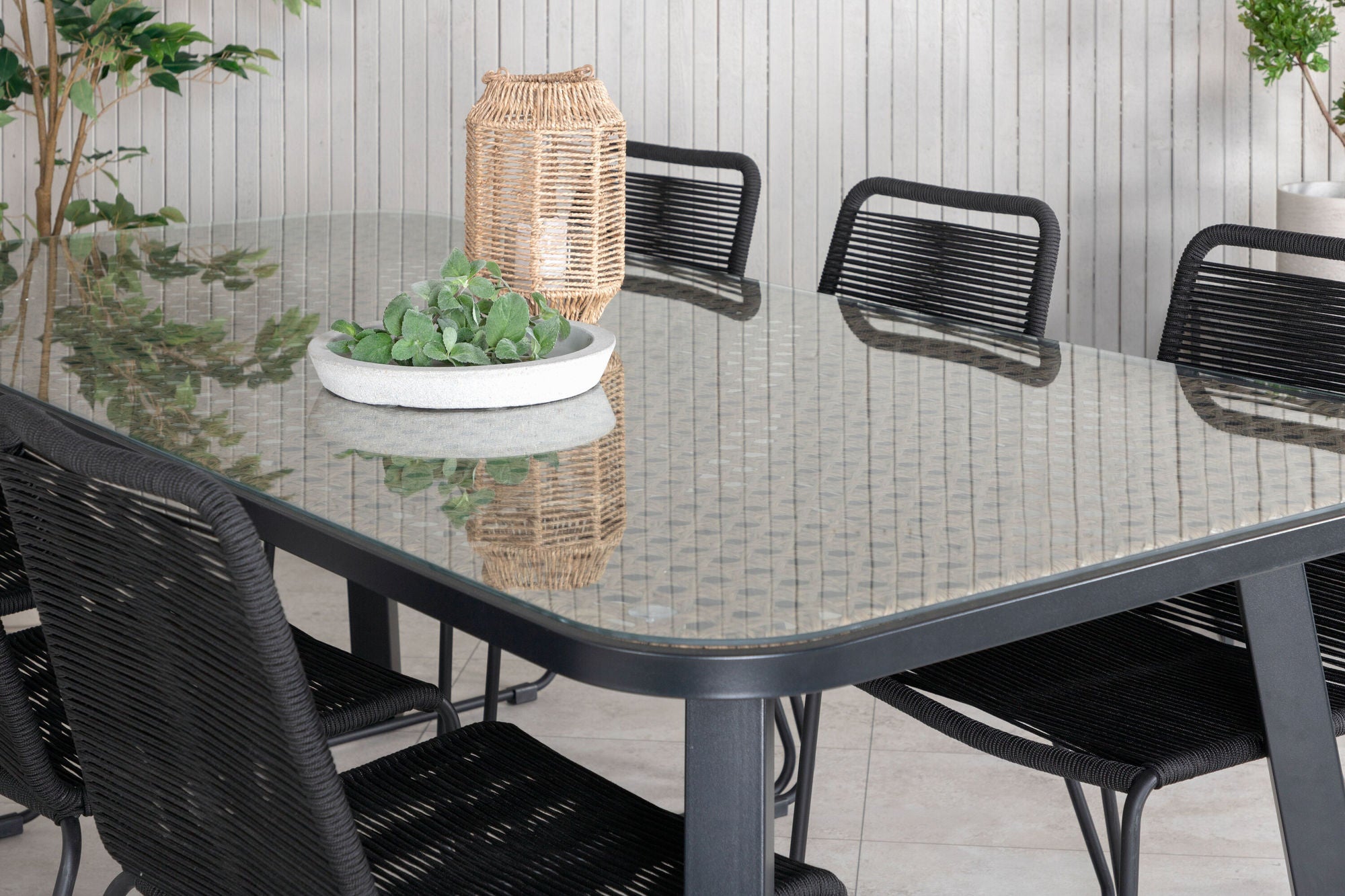 Venture Home Paola spisebord - Black Steel / Nature Wicker - 200*100+Lindos Stacking stol - Black Alu / Black Rope_6