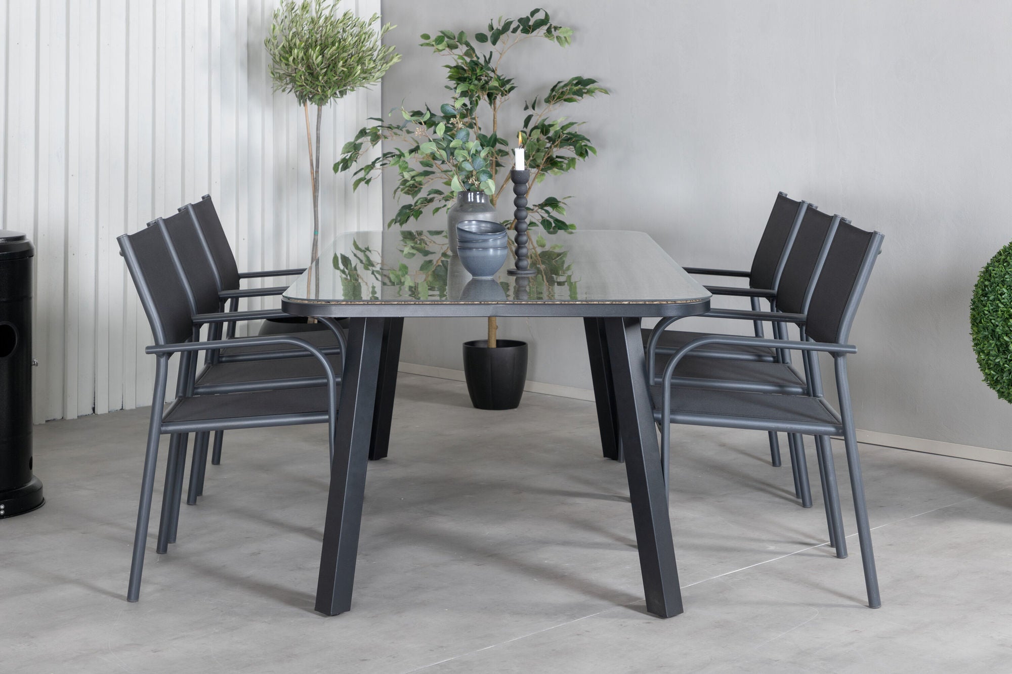 Venture Home Paola spisebord - Black Steel / Nature Wicker - 200*100+Santorini Arm stol (Stackable) - Black alu / Black Textilene_6