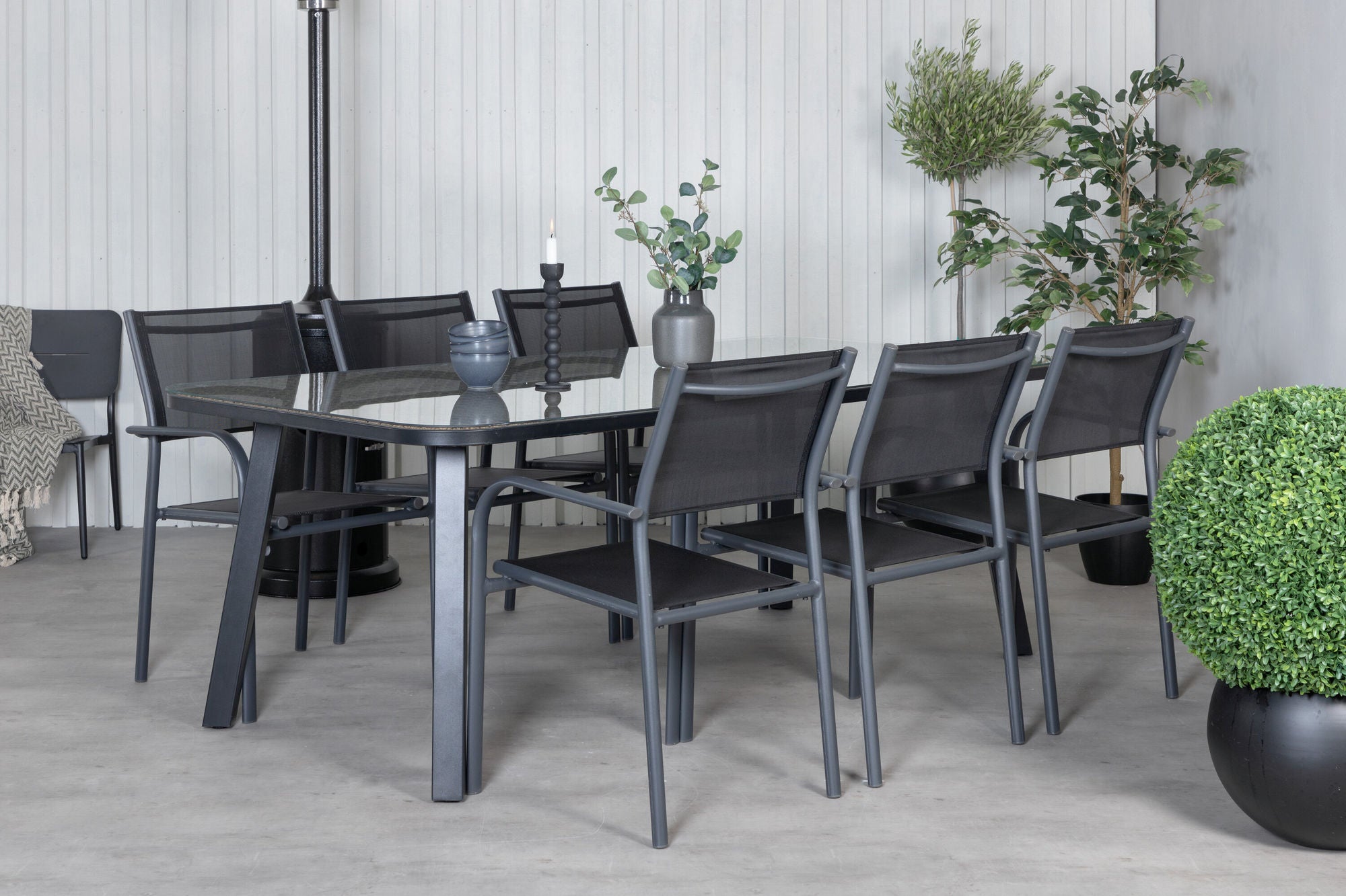 Venture Home Paola spisebord - Black Steel / Nature Wicker - 200*100+Santorini Arm stol (Stackable) - Black alu / Black Textilene_6