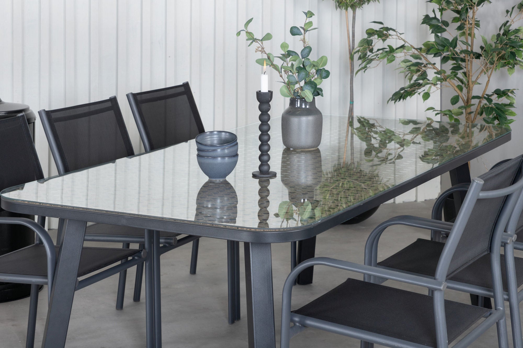 Venture Home Paola spisebord - Black Steel / Nature Wicker - 200*100+Santorini Arm stol (Stackable) - Black alu / Black Textilene_6