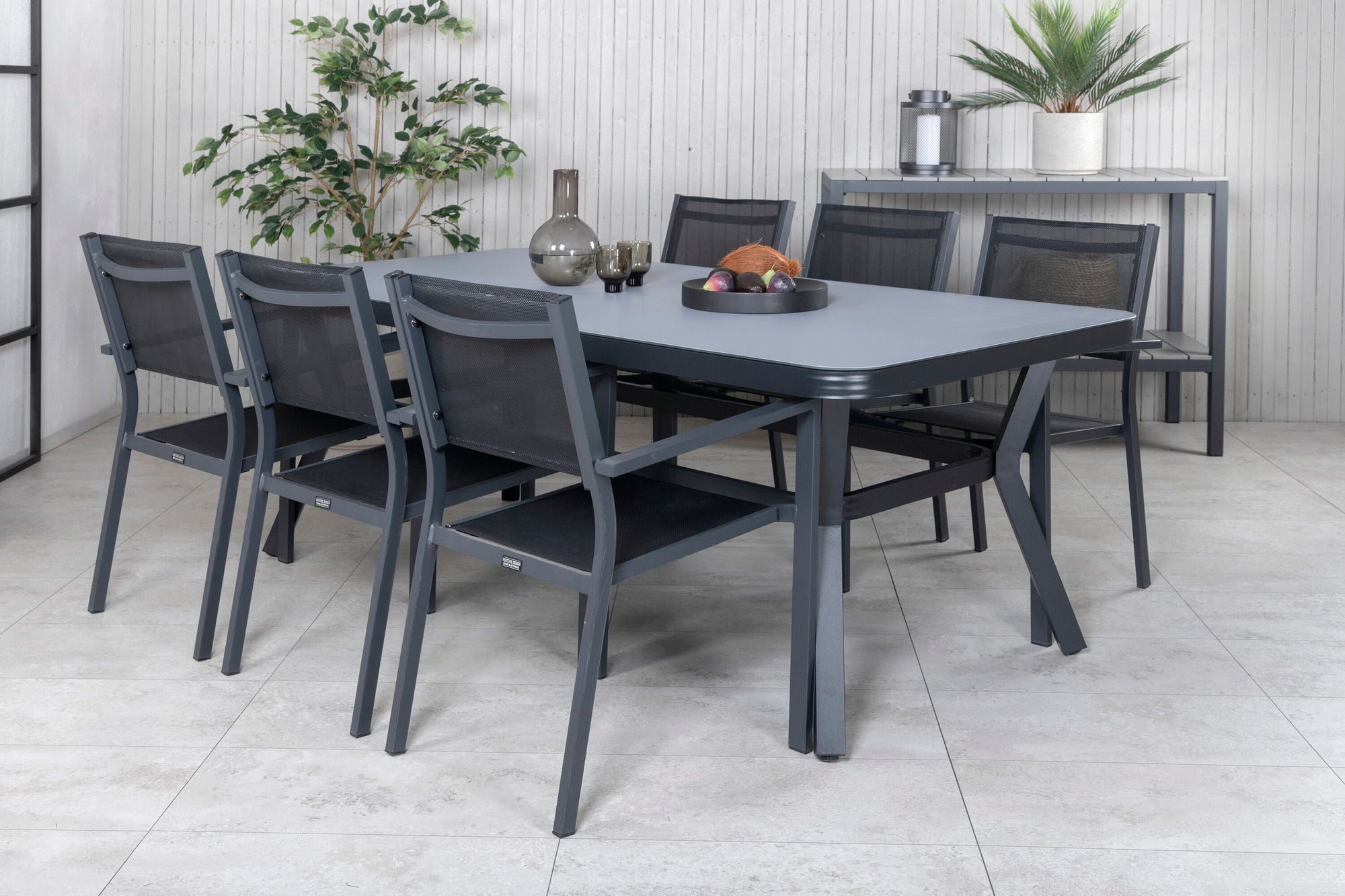 Venture Home Virya spisebord - Black Alu / Grey Glass - big bord+Copacabana Stacking stol - Black/Black_6
