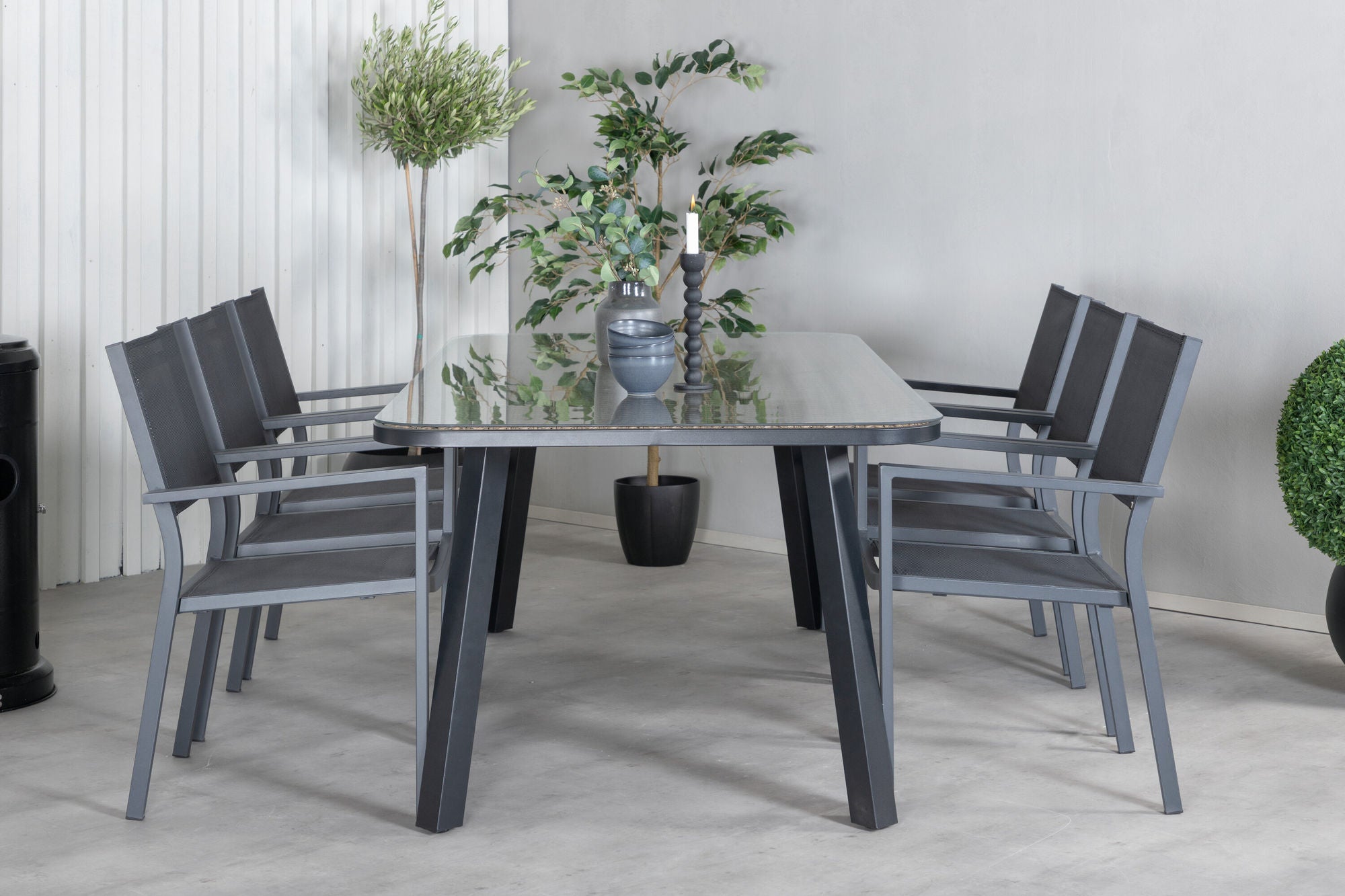 Venture Home Paola spisebord - Black Steel / Nature Wicker - 200*100+Copacabana Stacking stol - Black/Black_6