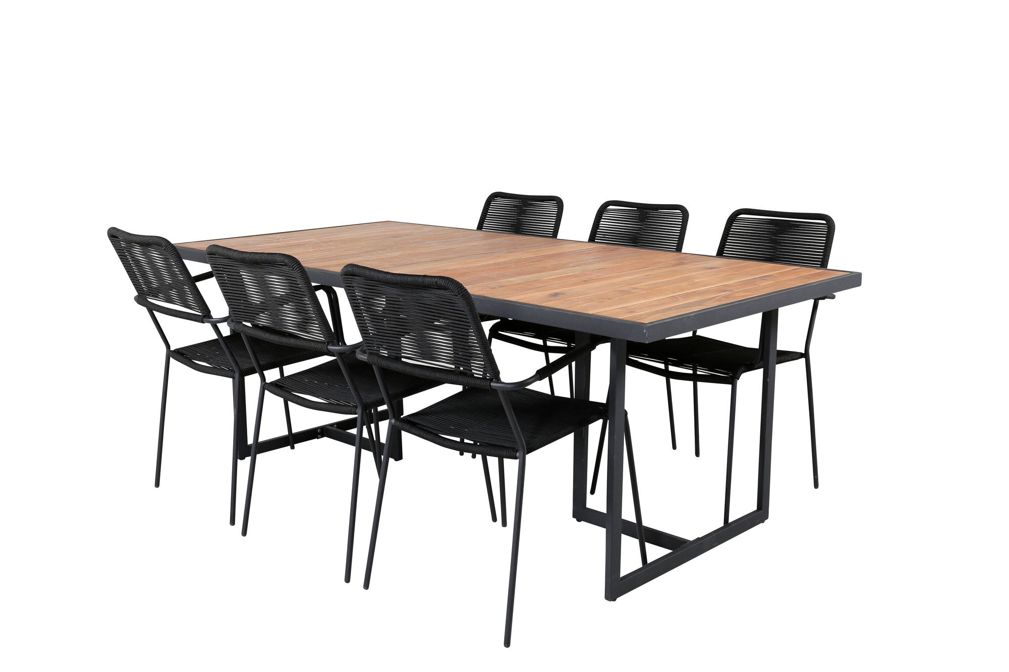 Venture Home Khung spisebord - Black Steel / Acacia (teklook) - 200*100cm+Lindos Armchair - Black Alu / Black Rope_6