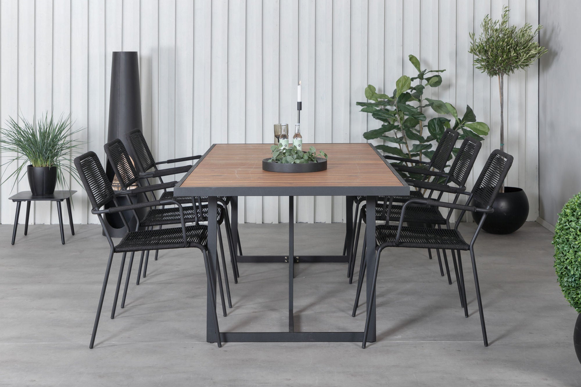 Venture Home Khung spisebord - Black Steel / Acacia (teklook) - 200*100cm+Lindos Armchair - Black Alu / Black Rope_6