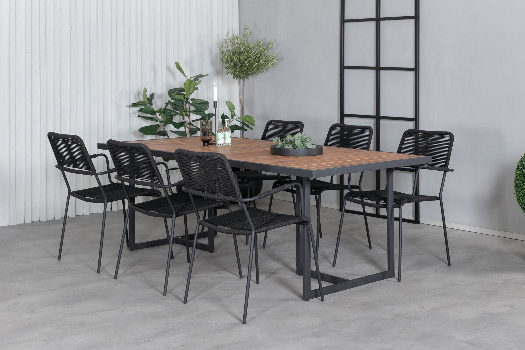 Venture Home Khung spisebord - Black Steel / Acacia (teklook) - 200*100cm+Lindos Armchair - Black Alu / Black Rope_6