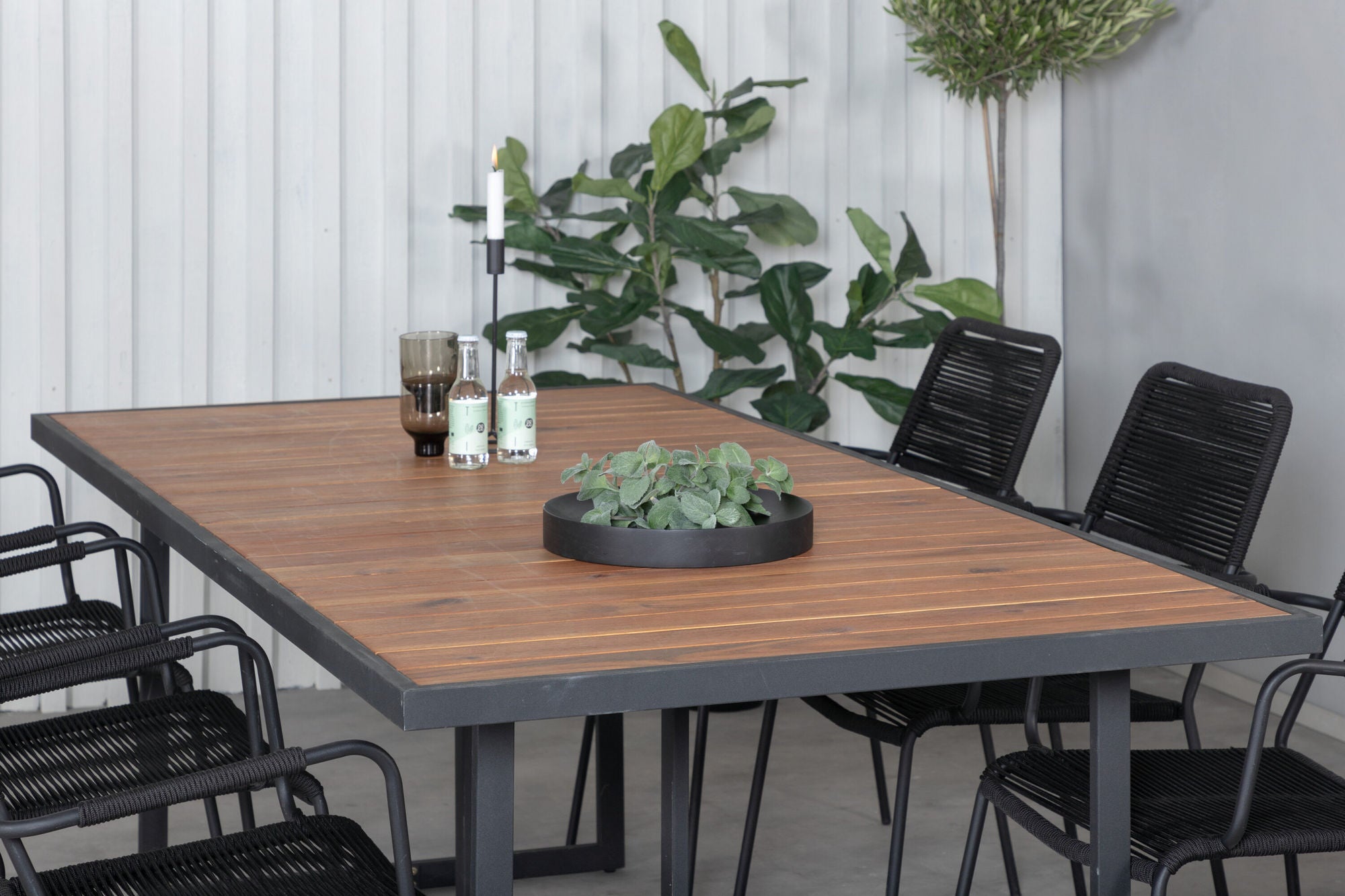 Venture Home Khung spisebord - Black Steel / Acacia (teklook) - 200*100cm+Lindos Armchair - Black Alu / Black Rope_6