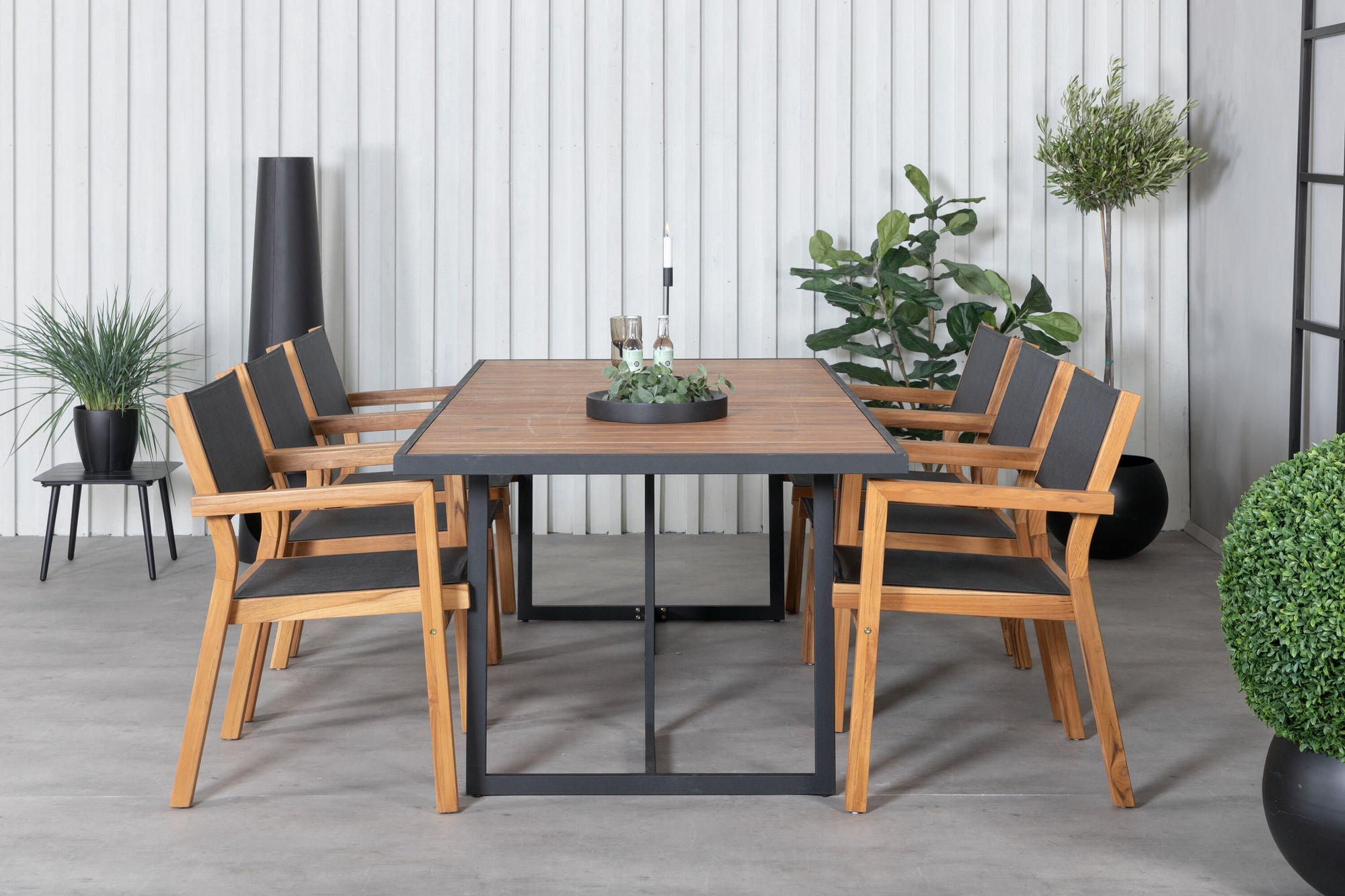 Venture Home Khung spisebord - Black Steel / Acacia (teklook) - 200*100cm+Venice Stackingchair - Teak / Black textilene_6