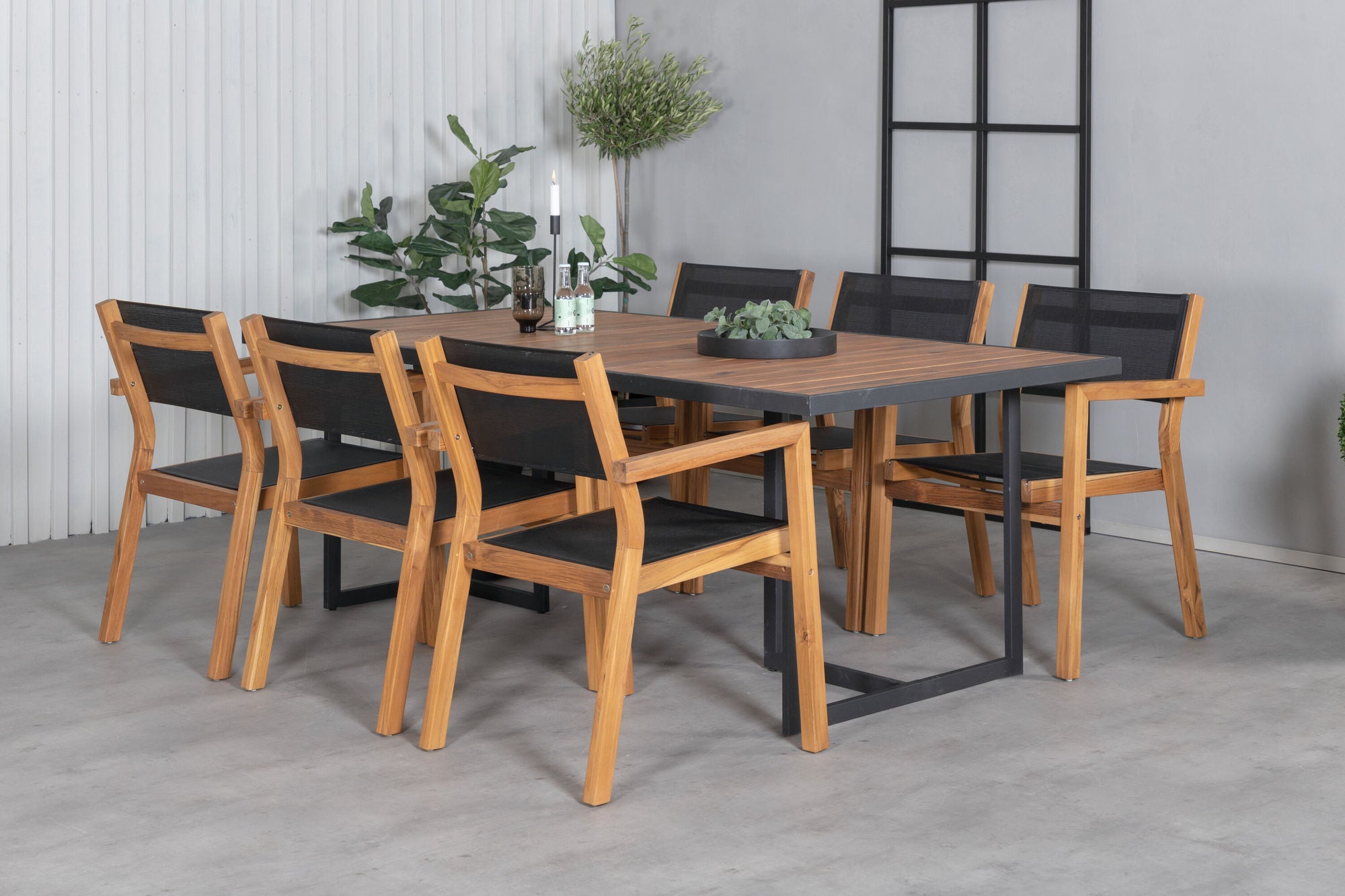 Venture Home Khung spisebord - Black Steel / Acacia (teklook) - 200*100cm+Venice Stackingchair - Teak / Black textilene_6