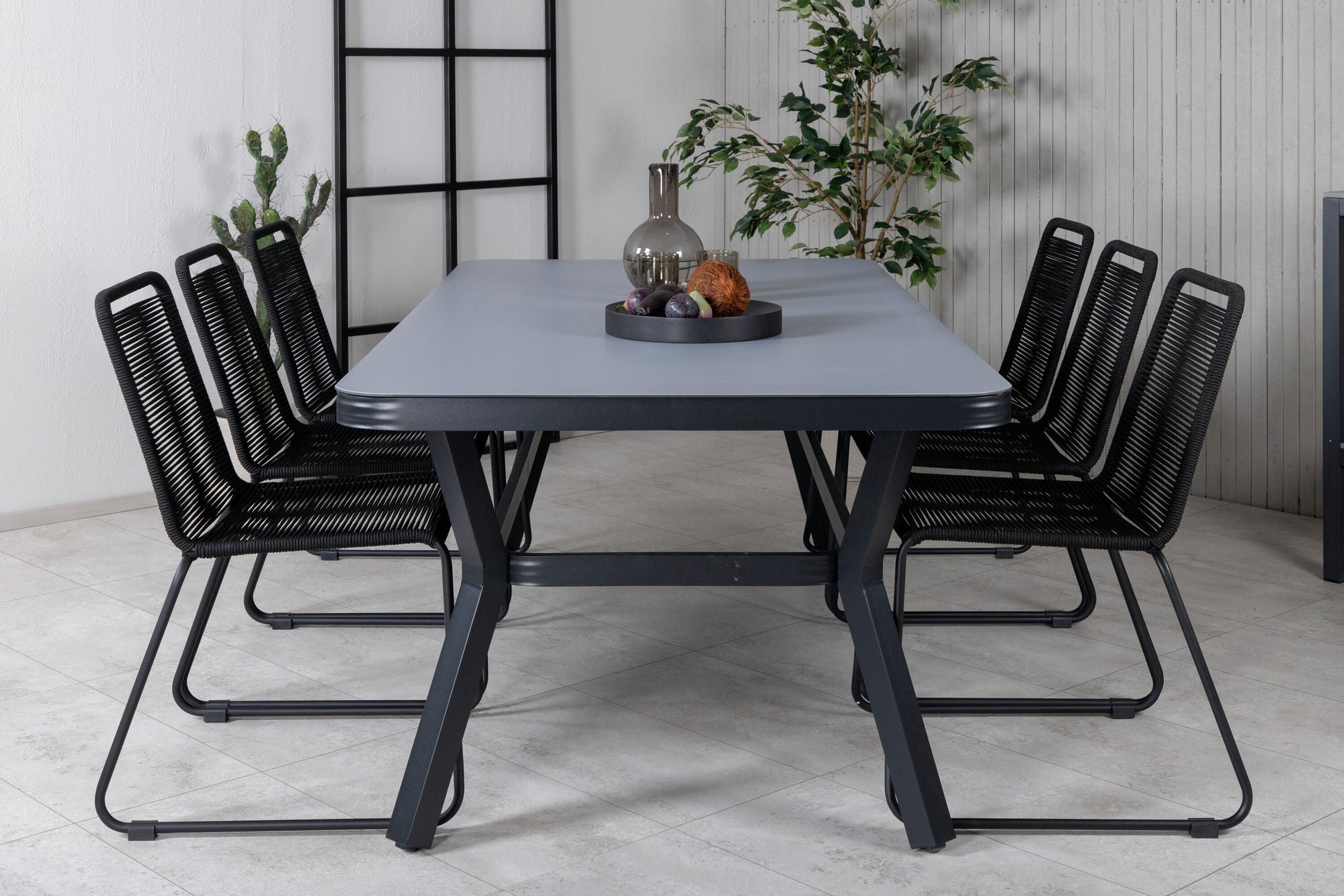 Venture Home Virya spisebord - Black Alu / Grey Glass - big bord+Lindos Stacking stol - Black Alu / Black Rope_6