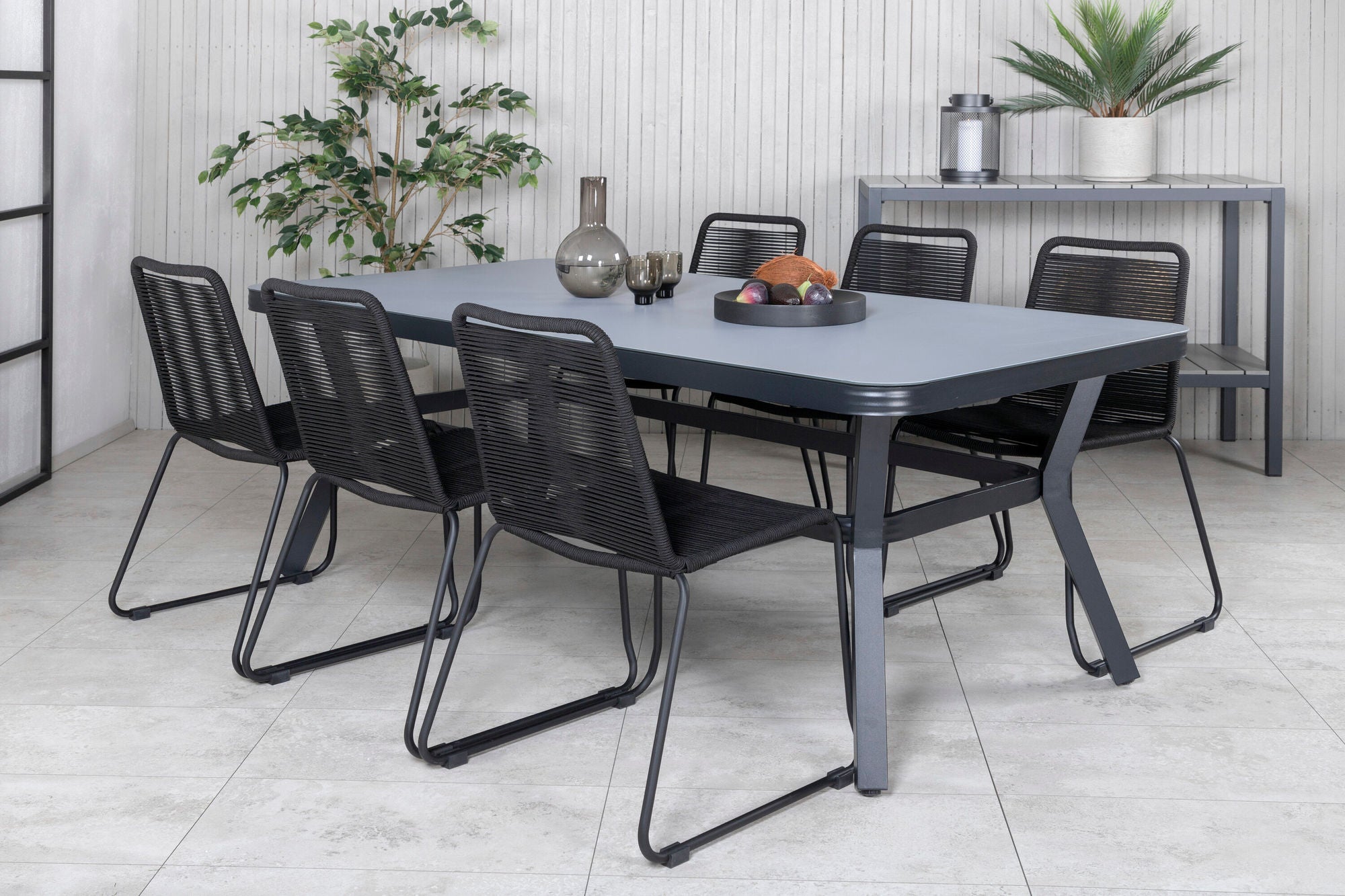 Venture Home Virya spisebord - Black Alu / Grey Glass - big bord+Lindos Stacking stol - Black Alu / Black Rope_6