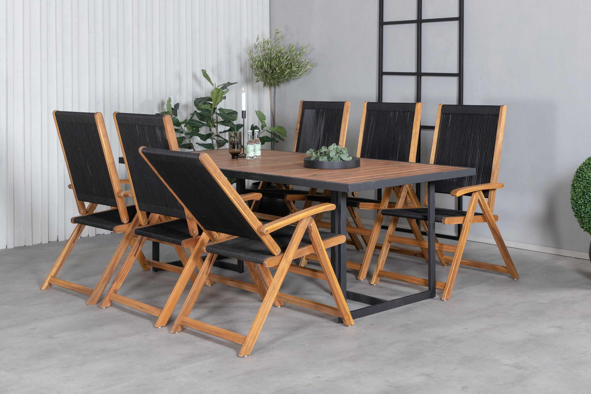 Venture Home Khung spisebord - Black Steel / Acacia (teklook) - 200*100cm+Little John foldable stol - Rope / Acacia_6