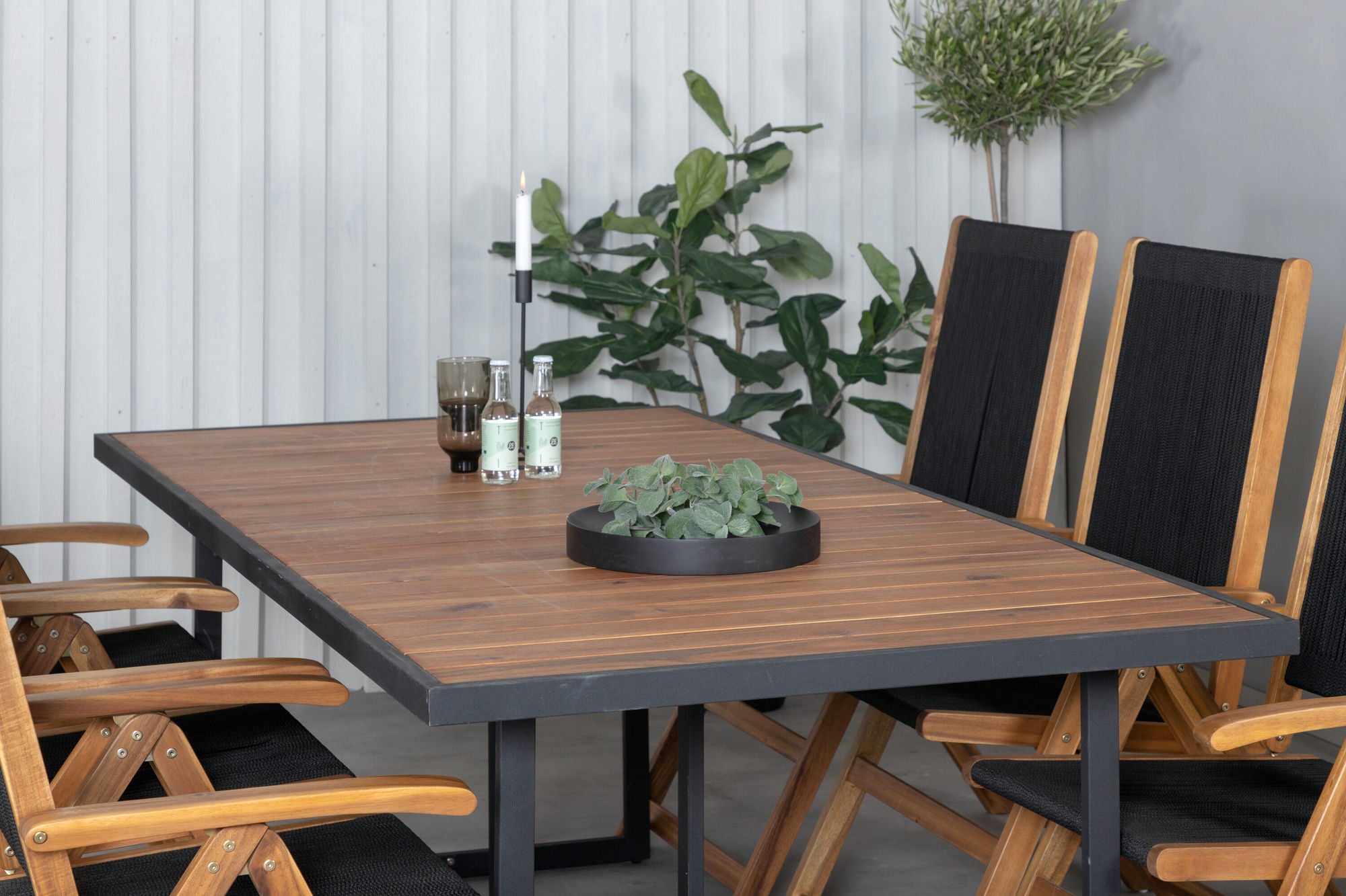 Venture Home Khung spisebord - Black Steel / Acacia (teklook) - 200*100cm+Little John foldable stol - Rope / Acacia_6