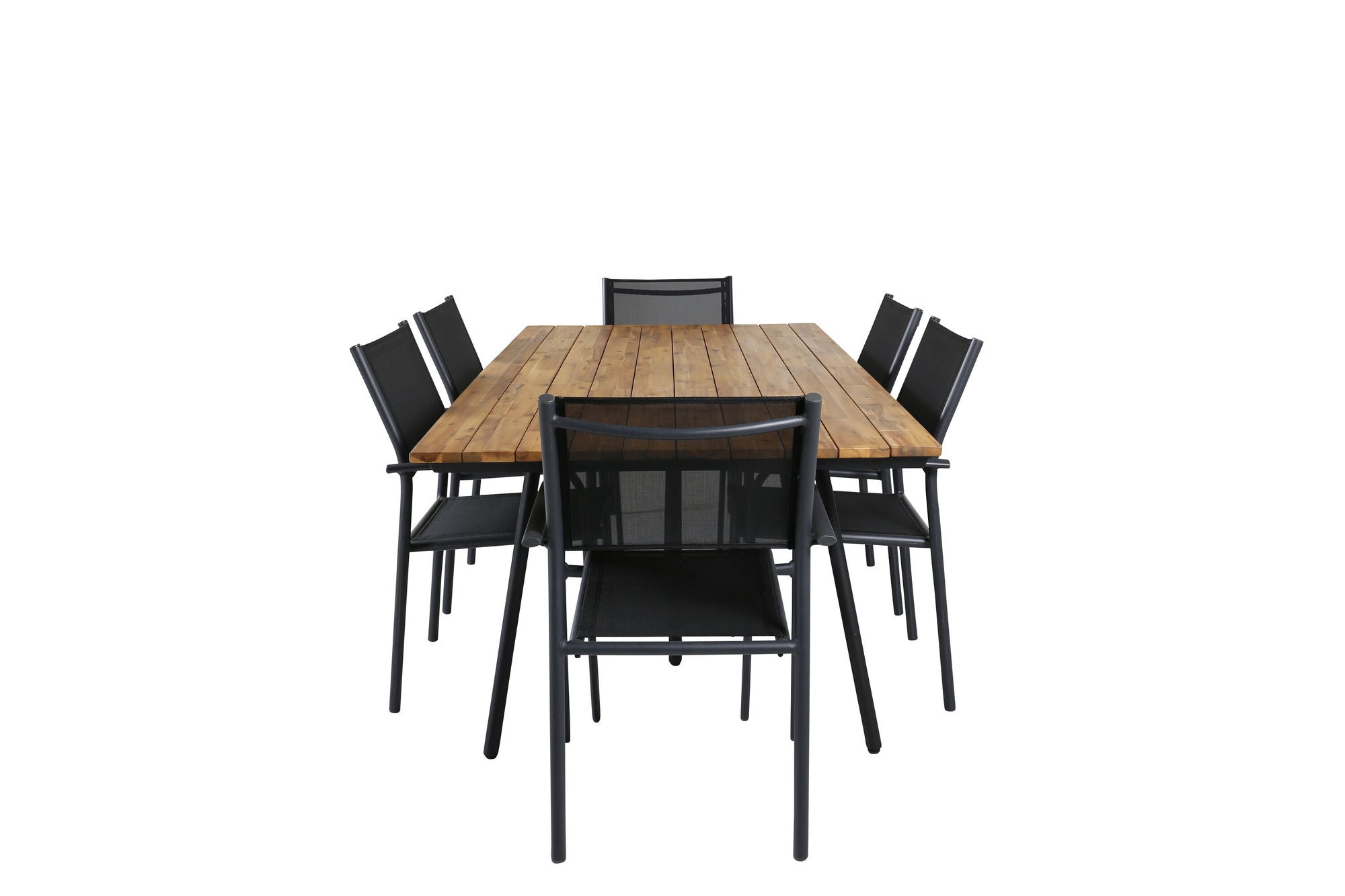 Venture Home Chan spisebord - Black Steel / Acacia (teak look) - 200cm+Santorini Arm stol (Stackable) - Black alu / Black Textilene_6