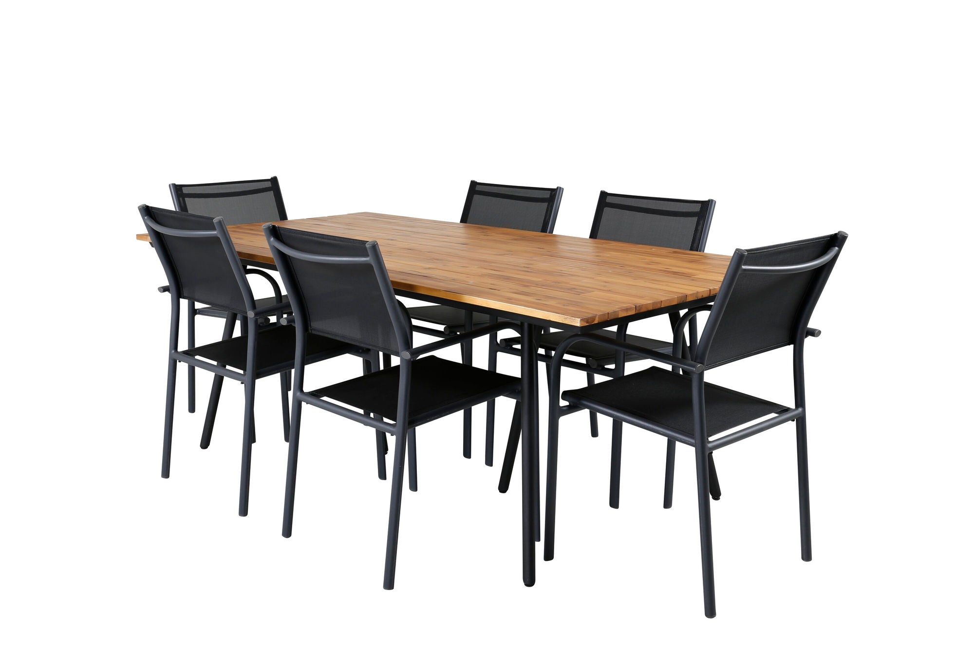Venture Home Chan spisebord - Black Steel / Acacia (teak look) - 200cm+Santorini Arm stol (Stackable) - Black alu / Black Textilene_6