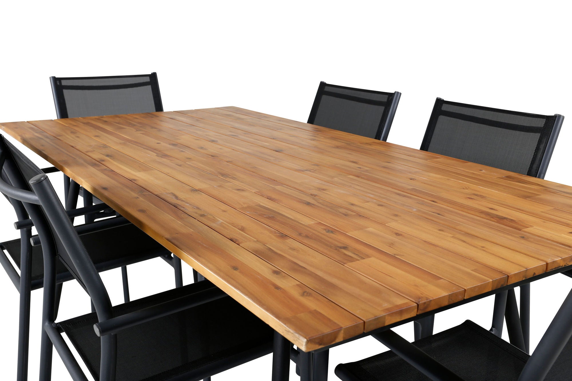 Venture Home Chan spisebord - Black Steel / Acacia (teak look) - 200cm+Santorini Arm stol (Stackable) - Black alu / Black Textilene_6