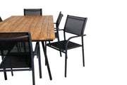 Venture Home Chan spisebord - Black Steel / Acacia (teak look) - 200cm+Santorini Arm stol (Stackable) - Black alu / Black Textilene_6
