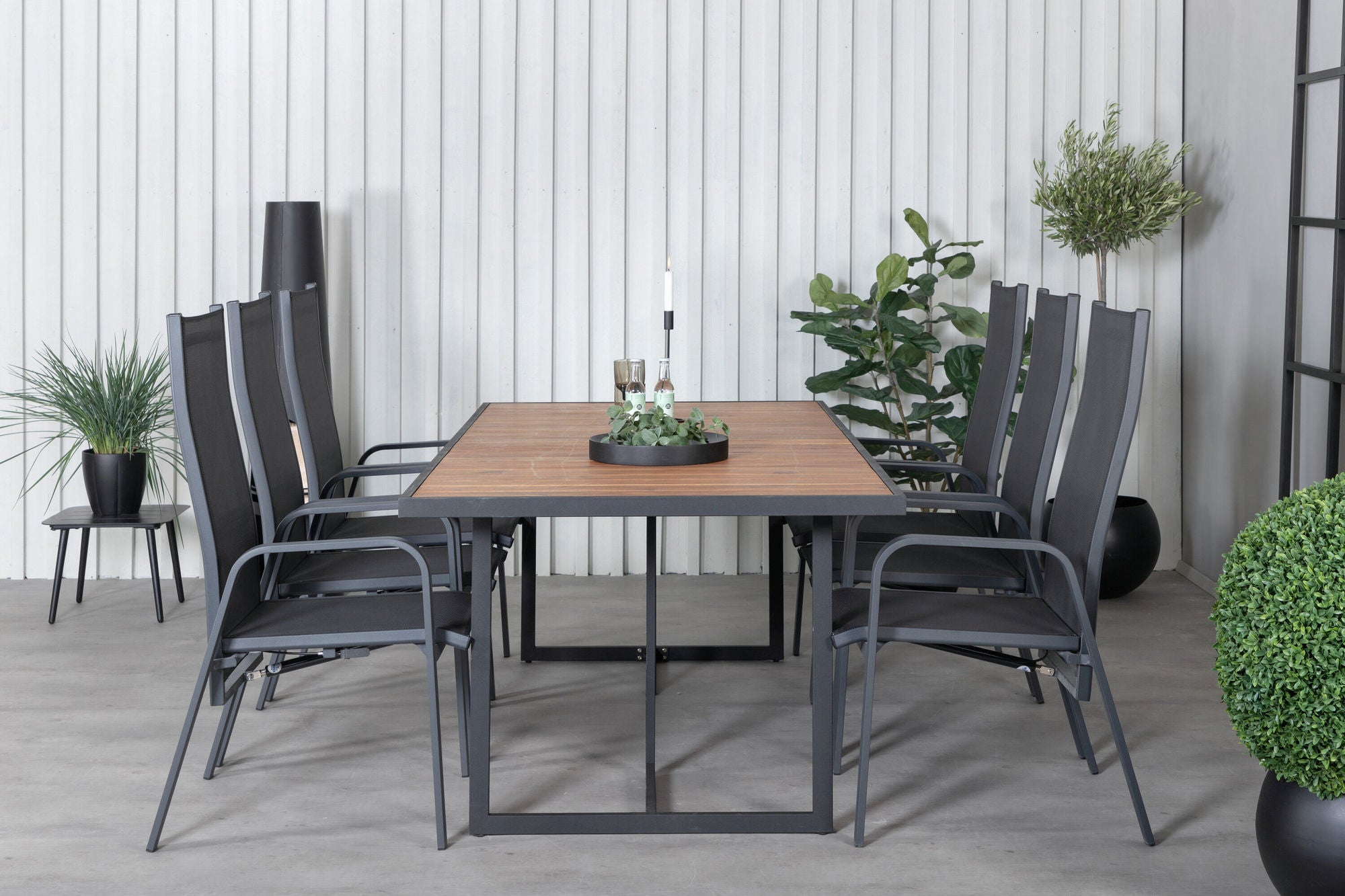 Venture Home Khung spisebord - Black Steel / Acacia (teklook) - 200*100cm+Copacabana Recliner stol - Black/Black_6