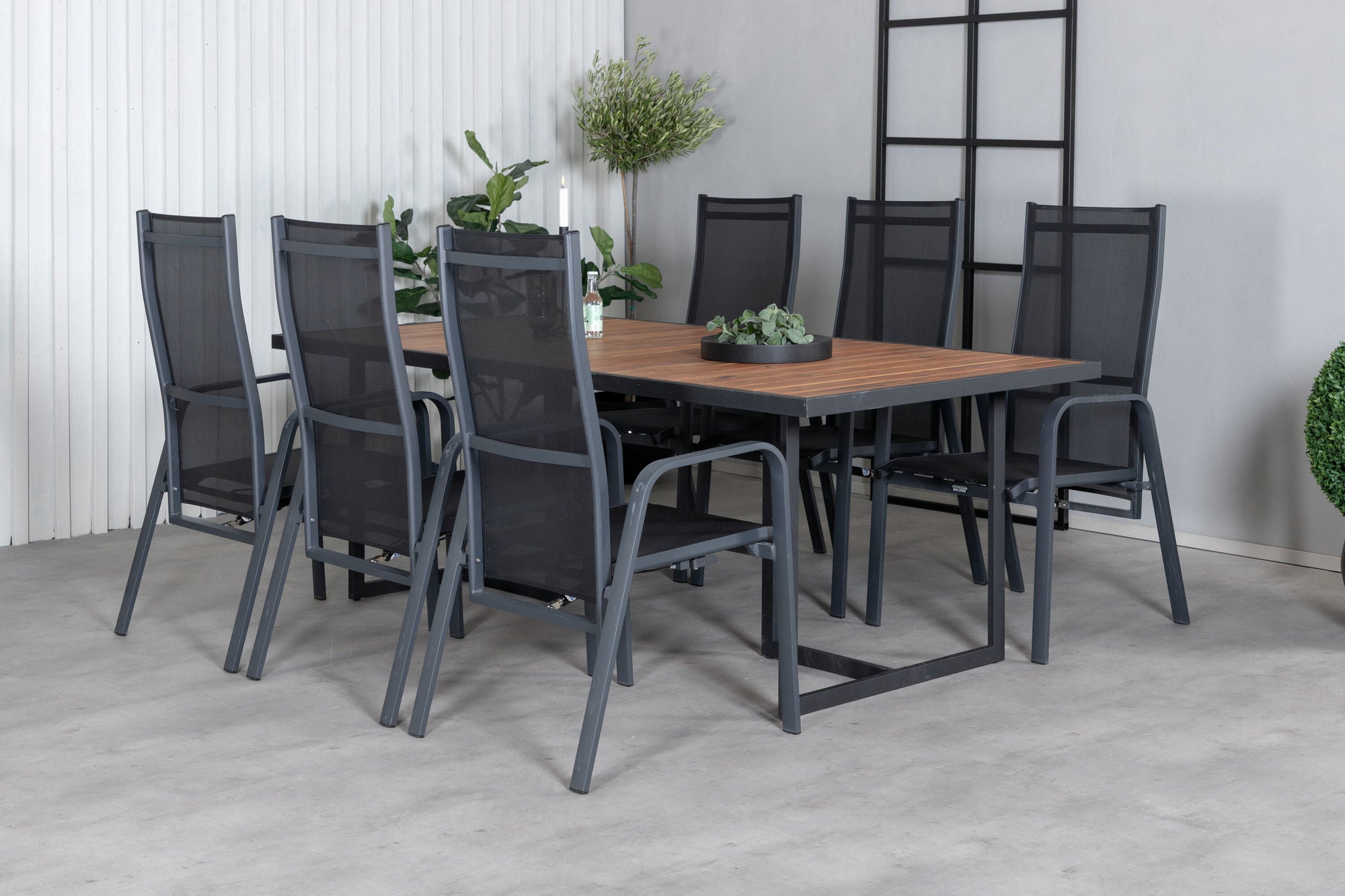 Venture Home Khung spisebord - Black Steel / Acacia (teklook) - 200*100cm+Copacabana Recliner stol - Black/Black_6