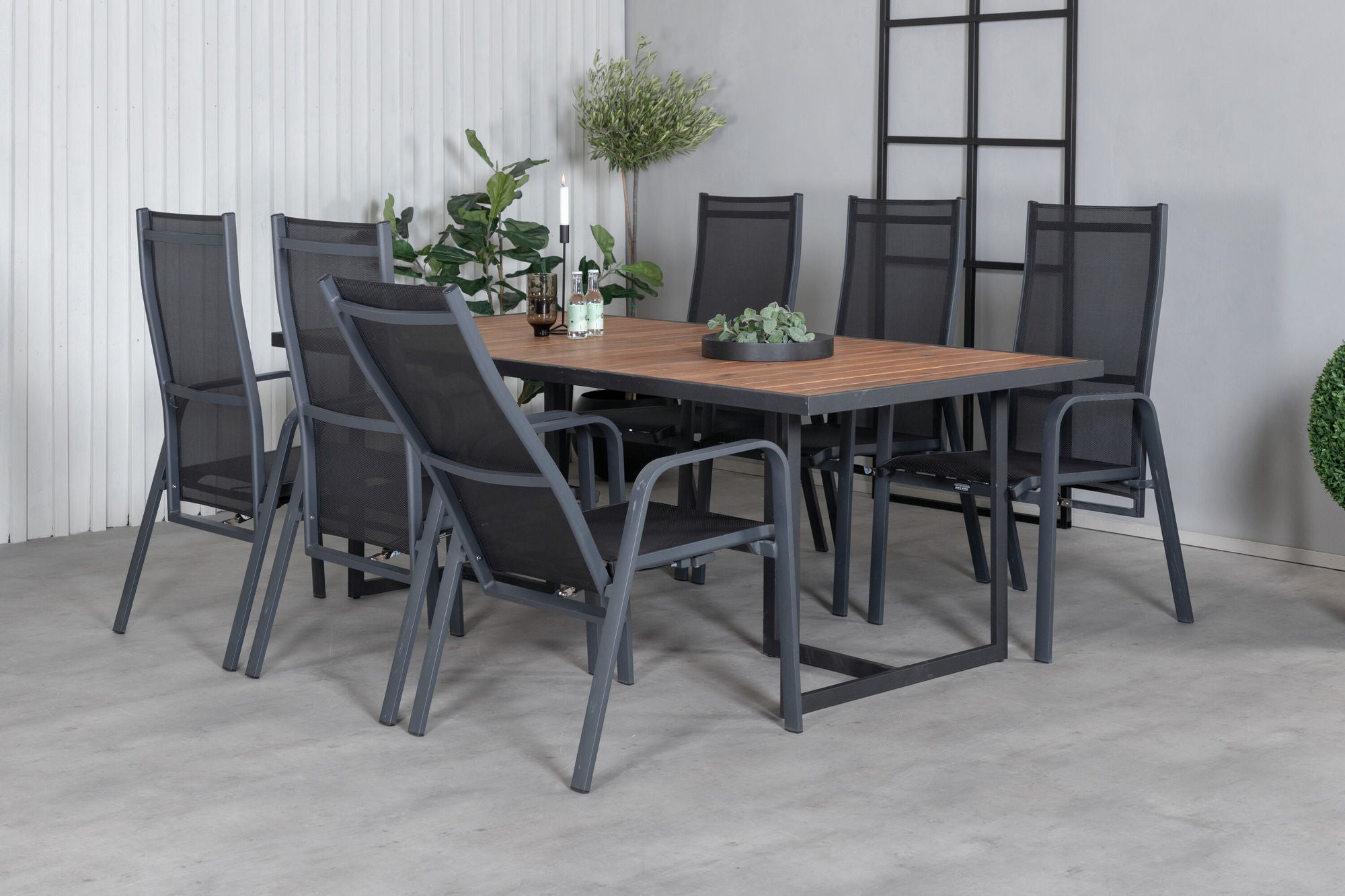 Venture Home Khung spisebord - Black Steel / Acacia (teklook) - 200*100cm+Copacabana Recliner stol - Black/Black_6