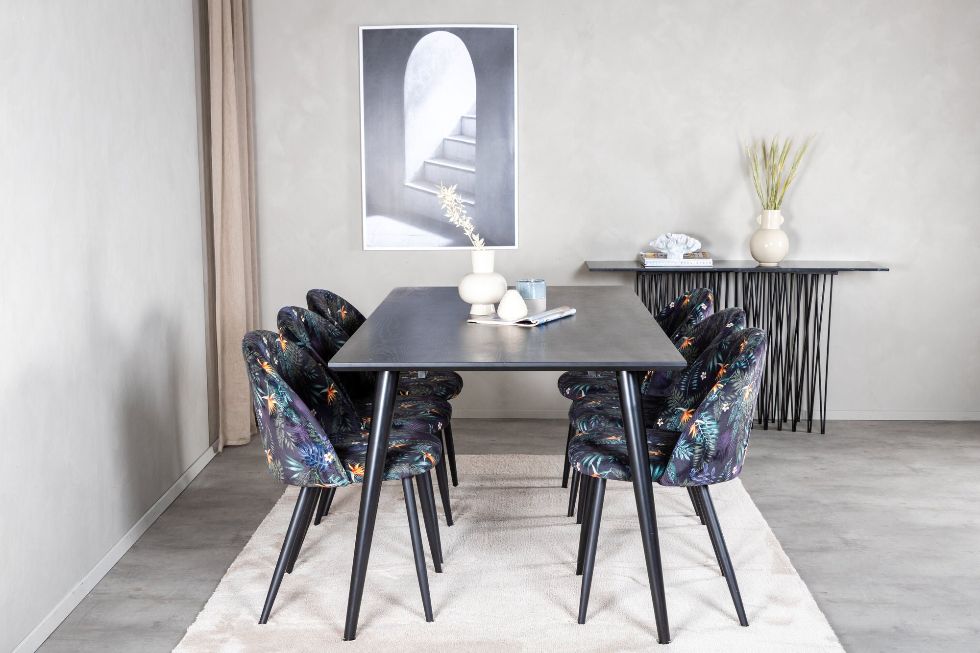 Venture Home Dipp spisebord - 180*90cm - Black Veneer / all black legs +Velvet Dining Ch