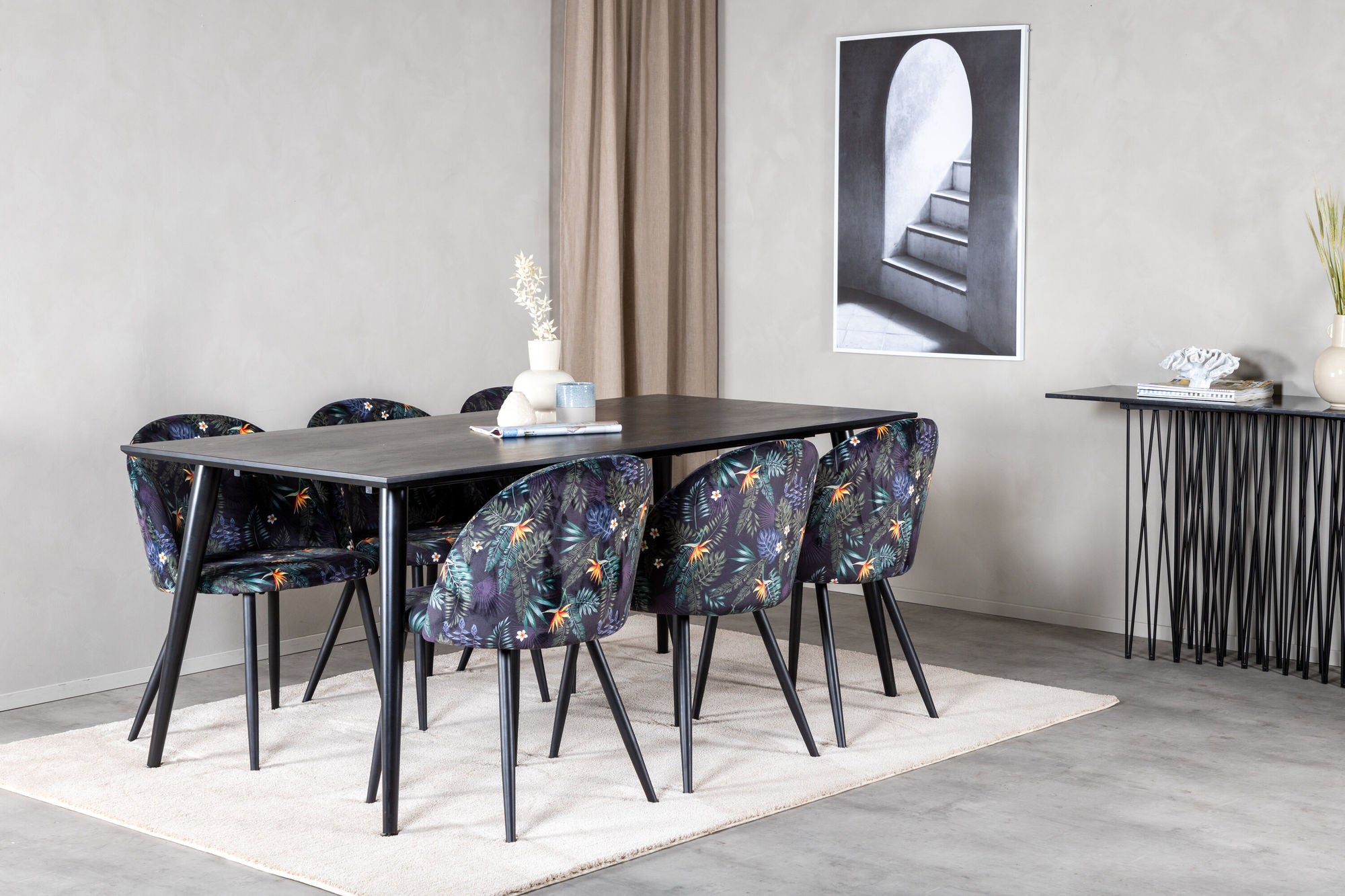 Venture Home Dipp spisebord - 180*90cm - Black Veneer / all black legs +Velvet Dining Ch