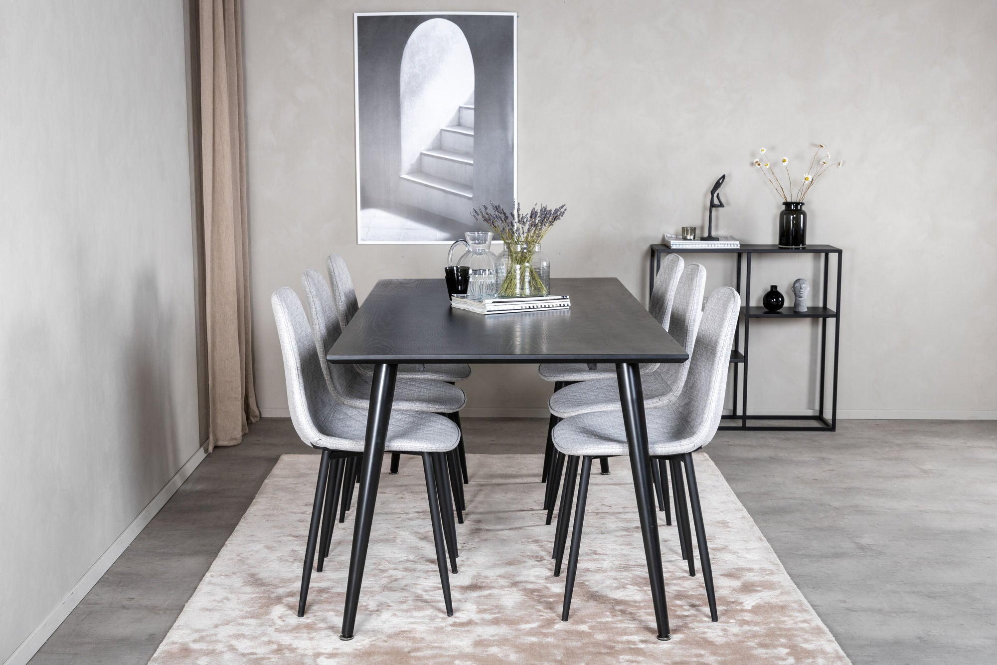 Venture Home Dipp spisebord - 180*90cm - Black Veneer / all black legs - Polar Diamond Spisebordsstol - Black Legs - Grey Fabric 6