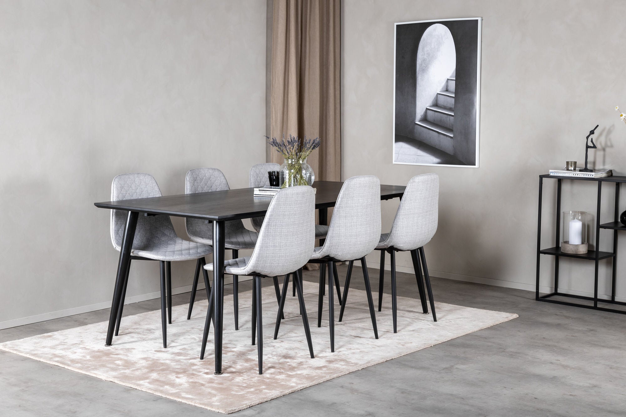Venture Home Dipp spisebord - 180*90cm - Black Veneer / all black legs - Polar Diamond Spisebordsstol - Black Legs - Grey Fabric 6
