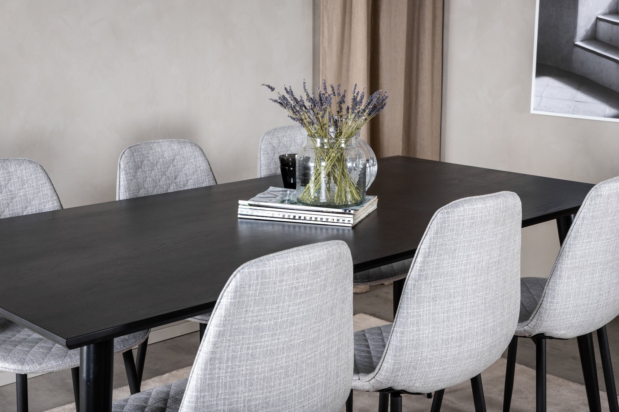 Venture Home Dipp spisebord - 180*90cm - Black Veneer / all black legs - Polar Diamond Spisebordsstol - Black Legs - Grey Fabric 6