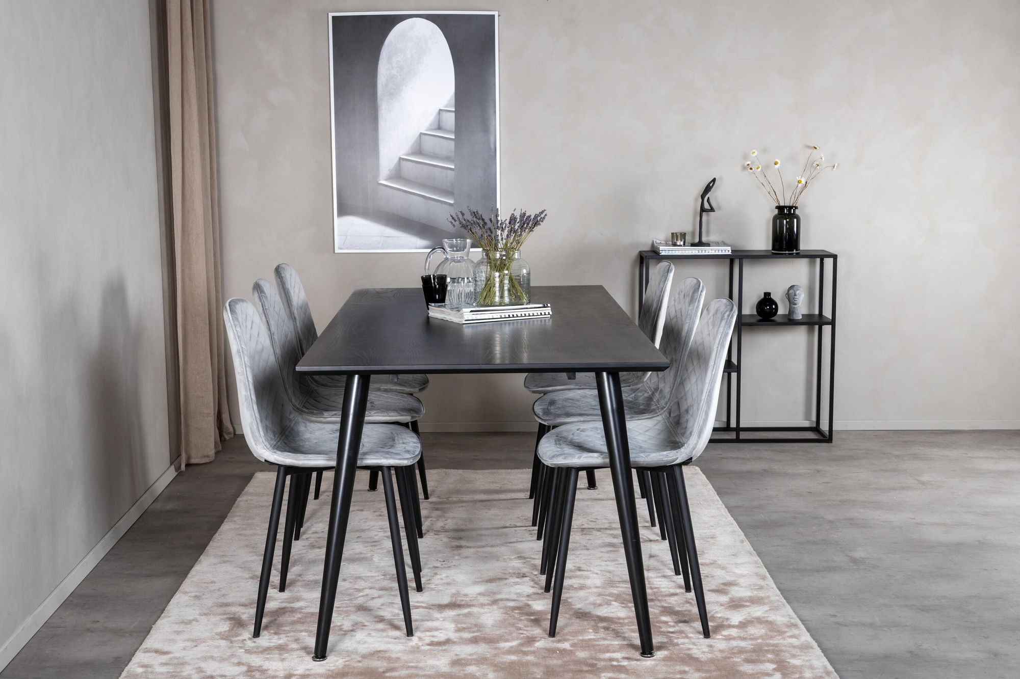 Venture Home Dipp spisebord - 180*90cm - Black Veneer / all black legs - Polar Diamond Spisebordsstol - Black Legs - Grey Velvet 6